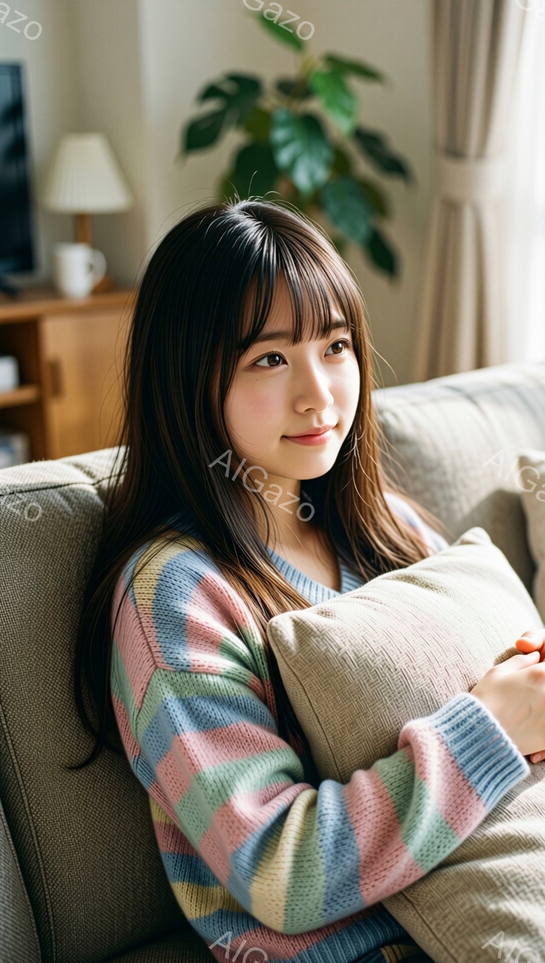 長い黒髪で前髪が目に少しかかる女性が、明るい色のストライプのセーターを着てソファに座っています。彼女は微笑んでいて、腕を組んでクッションを抱えています。背景には木製のキャビネットと緑の植物が見え、室内は暖かく、リラックスした雰囲気です。