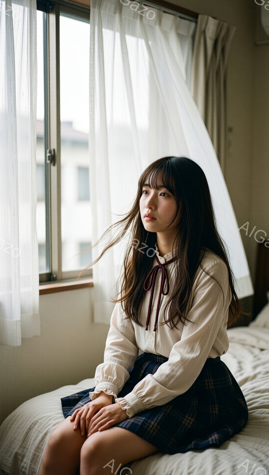 長い黒髪をセンターパートにした若い女性が、白いブラウスとチェック柄のスカートの制服を着て、ベッドに座っています。彼女は少し憂いを帯びた表情で、遠くを見つめており、膝を揃えて姿勢良く座っています。窓の外には建物が見え、柔らかい光が差し込み、全体的に穏やかで内省的な雰囲気を醸し出しています。