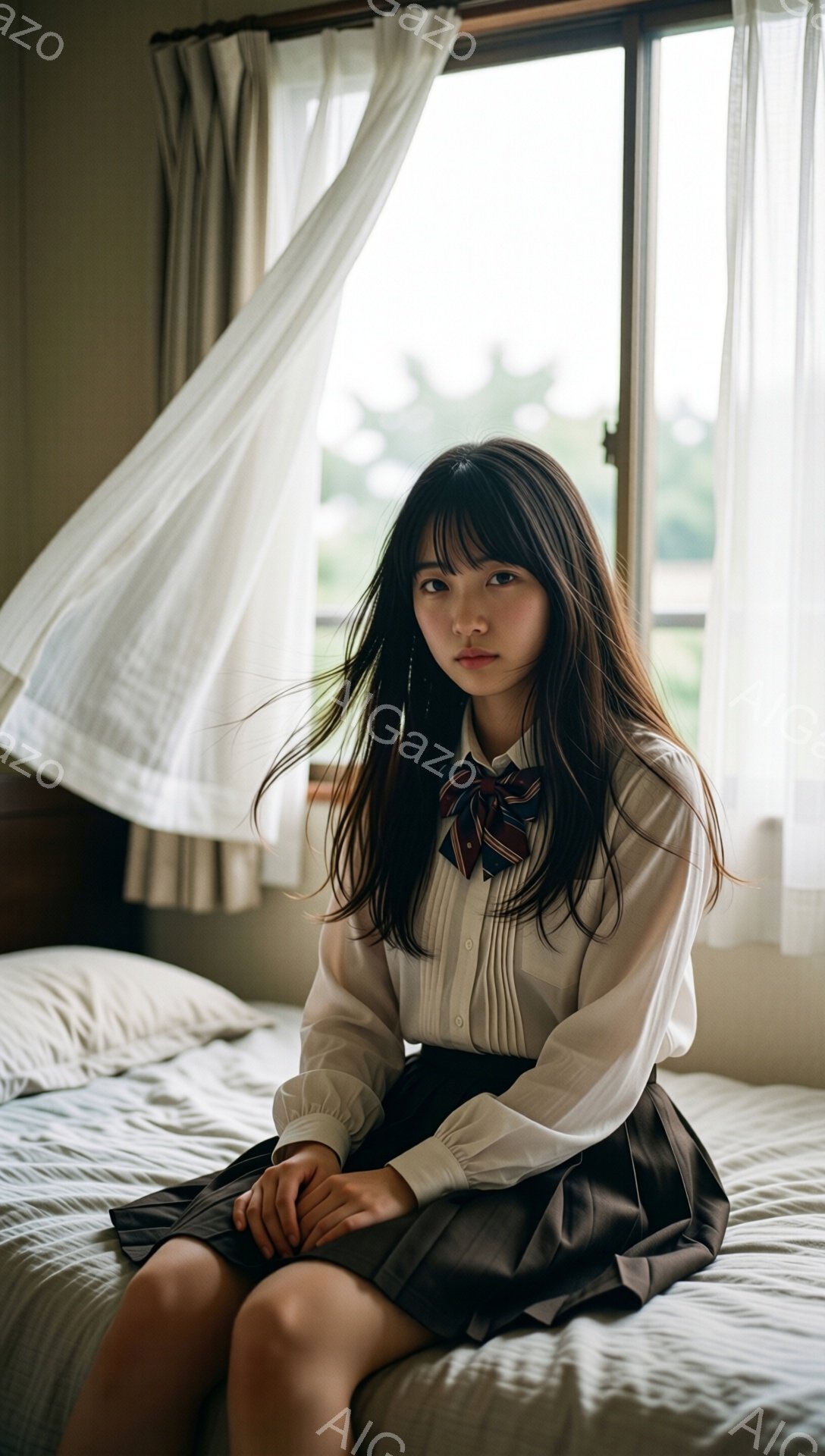 長い黒髪の少女がベッドに座っており、白いブラウスとチェック柄のネクタイ、プリーツスカートという制服姿をしている。彼女は少し憂いを帯びた表情で、膝を揃えて座り、正面を見つめている。背景には窓から差し込む光が柔らかく、薄いカーテンと外の緑が見える、穏やかで少し物憂げな雰囲気の写真だ。