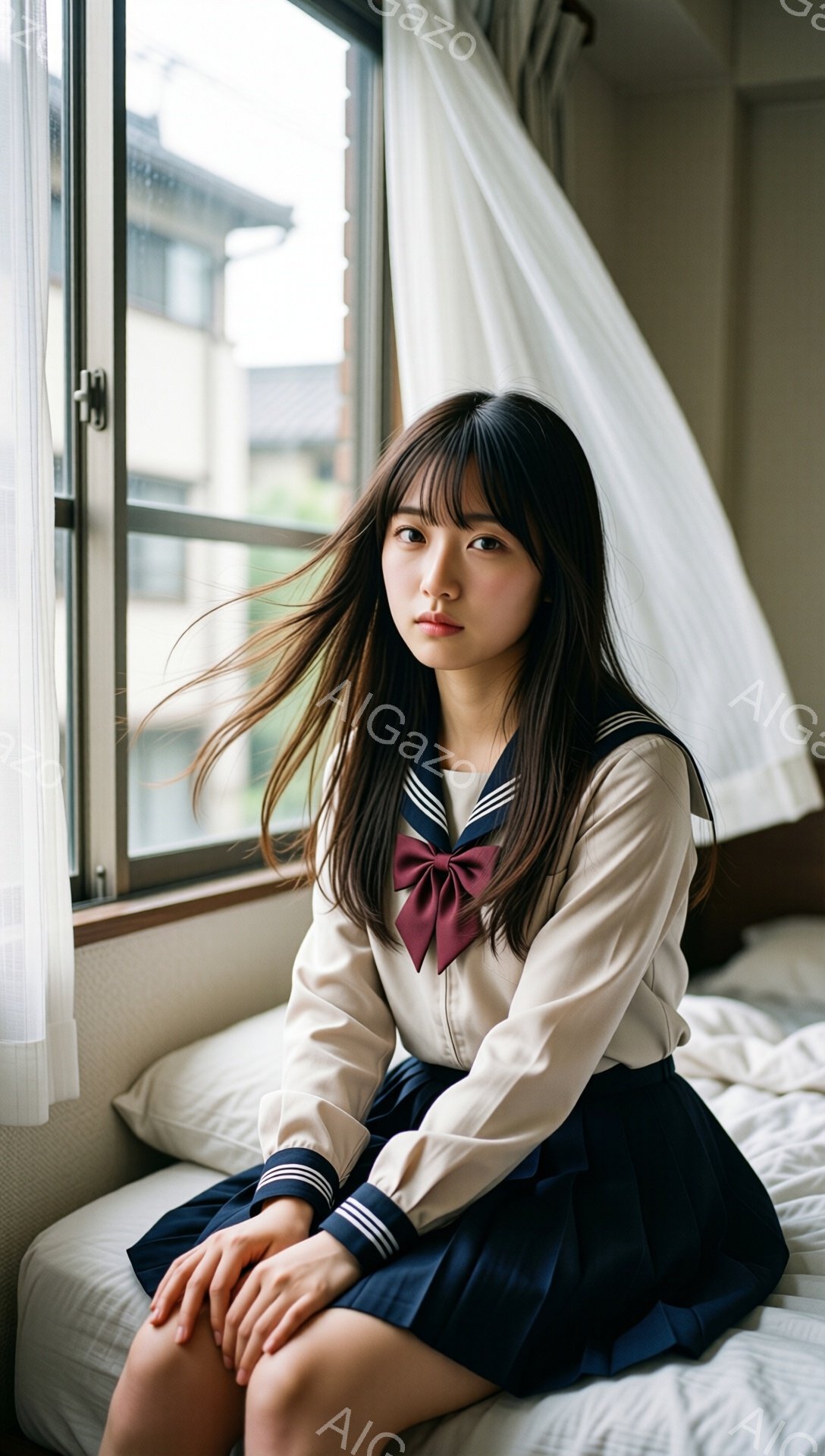 制服を着た若い女性が、白いレースのカーテンのそばのベッドに座っています。彼女はベージュ色の長袖シャツに濃い青色のプリーツスカートを着用し、赤いリボンとネクタイが特徴です。彼女は少し憂いを帯びた表情でカメラを見つめ、髪は肩まで伸びており、全体的に柔らかく落ち着いた雰囲気です。