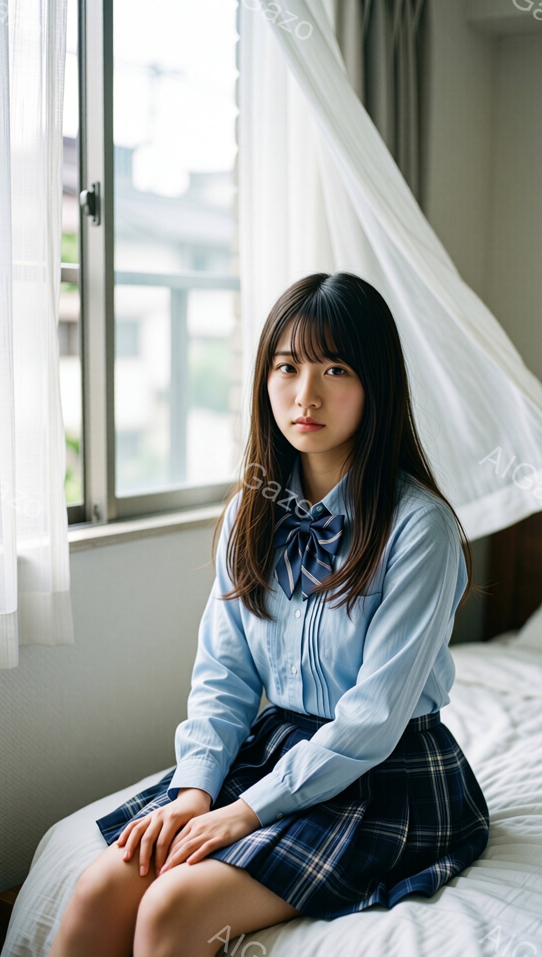 紺色のブレザーにチェック柄のスカート、青いシャツとネクタイを着用した若い女性が座っています。彼女は膝を揃えて座り、わずかに下を向いた表情で、少し憂いを含んだ視線をこちらに向けています。背景には窓と白いカーテンがあり、室内は穏やかで静かな雰囲気が漂っています。