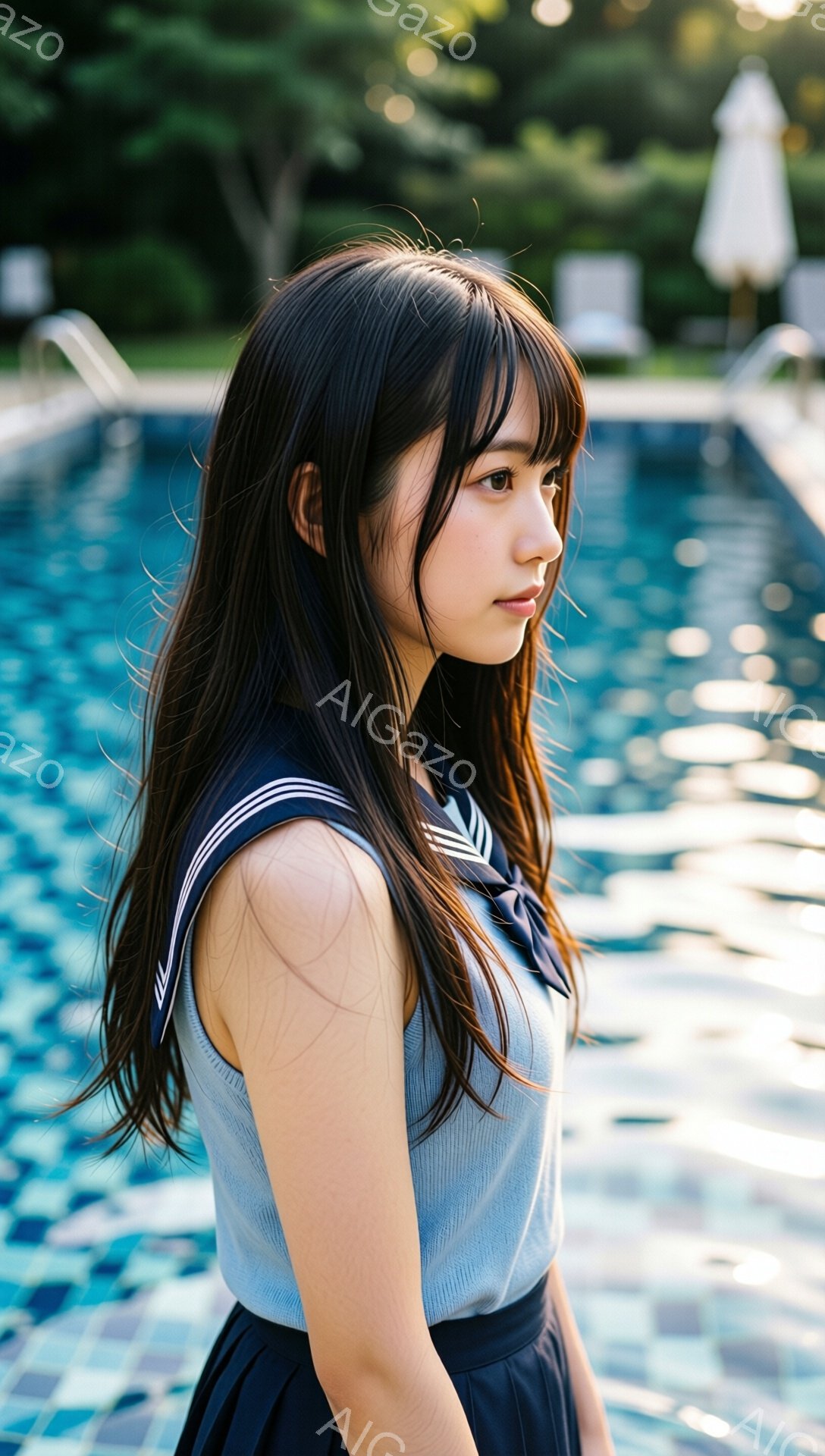 長い黒髪をサイドに流した若い女性が、水色のセーラー服を着て少し横を向いています。彼女は穏やかな表情で、どこか遠くを見つめており、背景には青く輝くプールの水面と緑豊かな植物が見えます。全体的に、静かで穏やかな夏の日の雰囲気が漂っています。