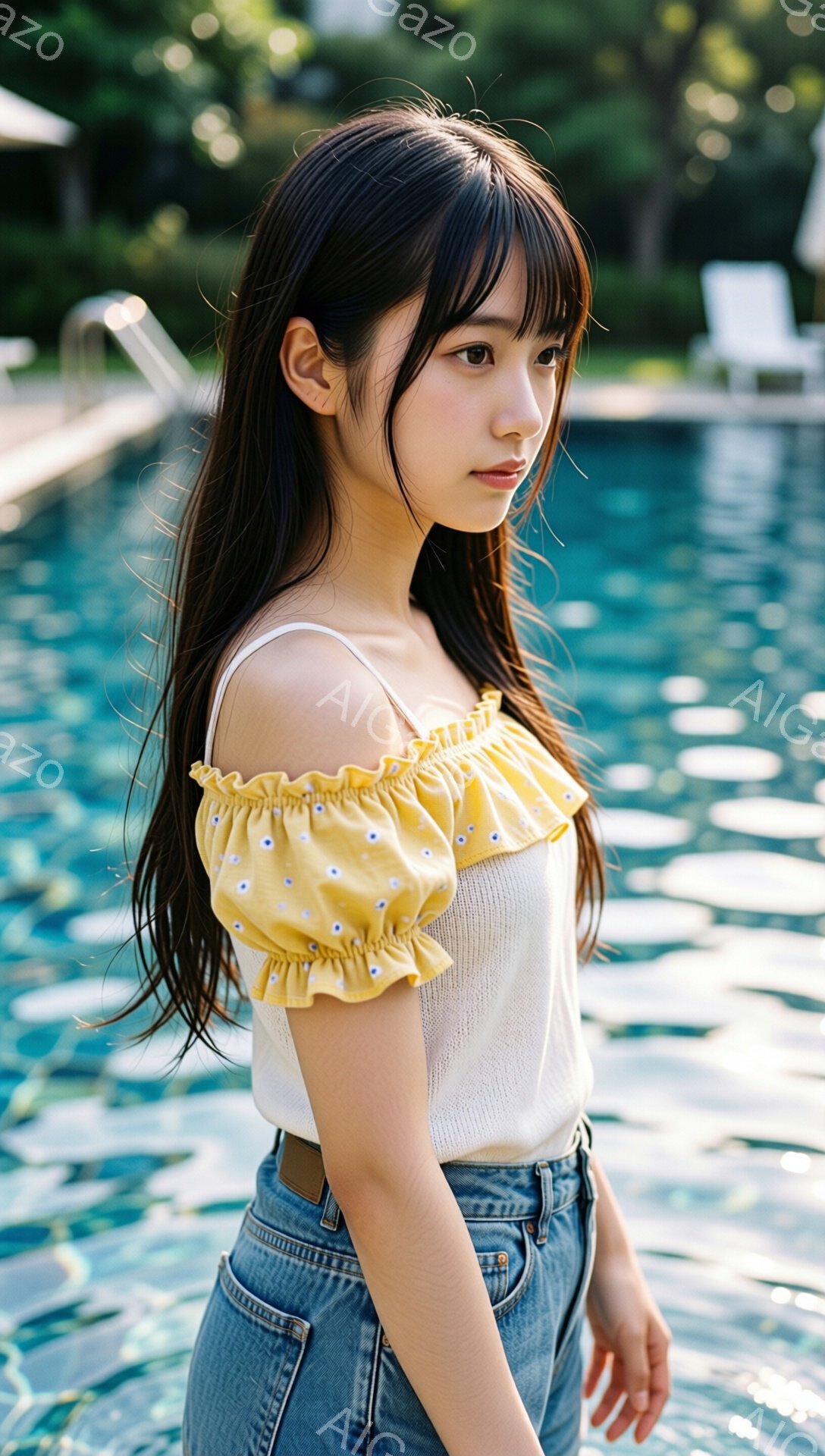 長い黒髪を肩から下ろした若い女性が写っている。白いトップスに黄色い花柄のフリルがついており、明るい色のデニムのジーンズを履いている。背景には、水がキラキラと輝くプールと、白い椅子が見え、晴れた日の穏や - AI生成フリー素材