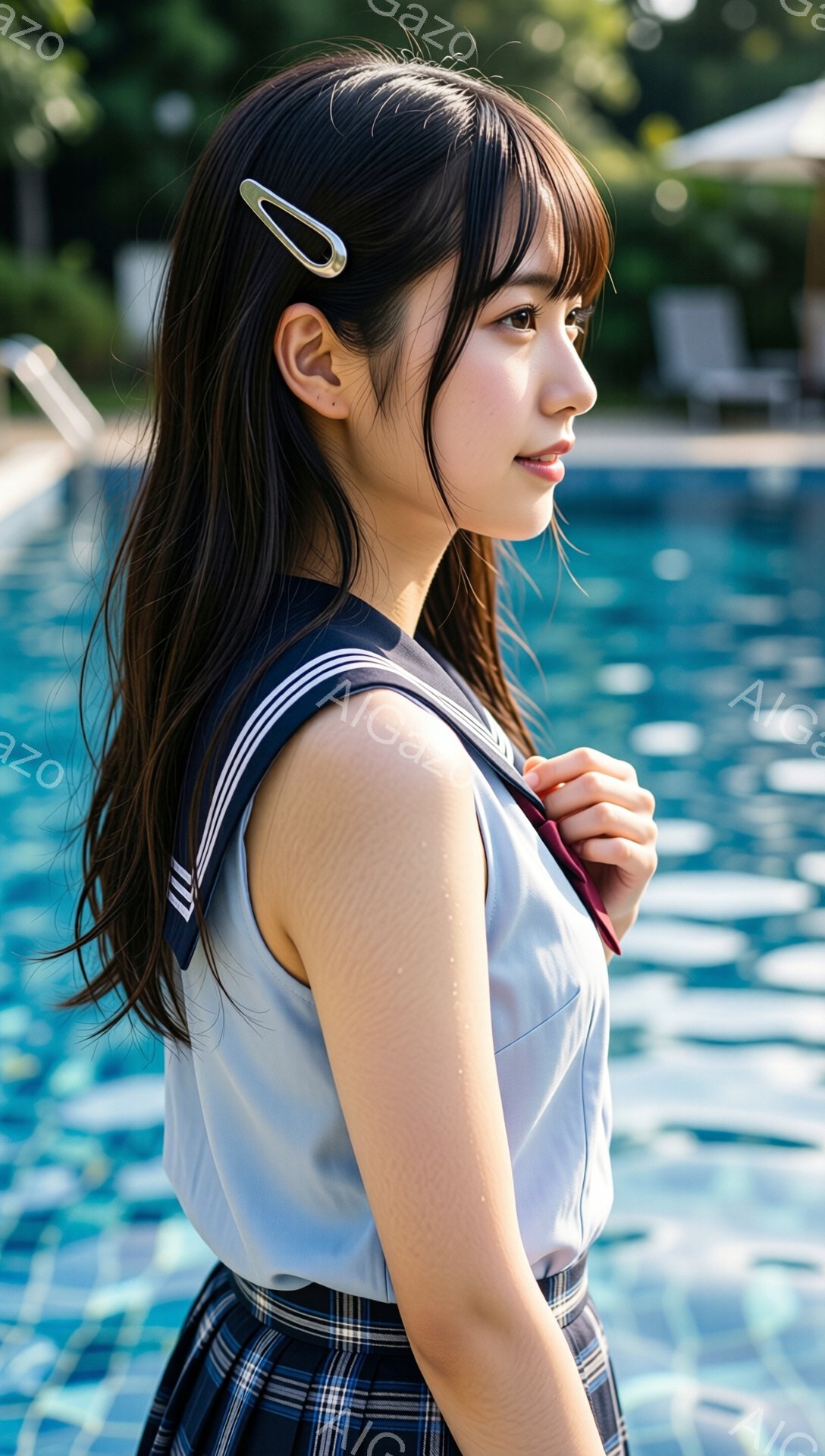 黒髪で、サイドにヘアピンをつけている若い女性が写っています。彼女は水色の半袖ブラウスとチェックのスカートの制服を着ており、どこかを見つめるように横を向いています。背景には青いプールの水面と、緑豊かな植物が見え、晴れた日の穏やかな雰囲気が漂っています。