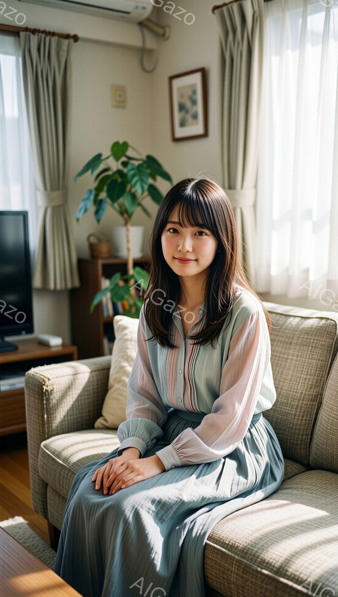 長い前髪とゆるいウェーブのかかった髪の女性が、明るいベージュ色のソファに座っています。淡い緑色とピンク色のブラウスに、同系色のロングスカートを身につけており、穏やかな笑顔を浮かべています。背景には、観葉植物や木製の棚があり、日差しが差し込む、温かく落ち着いたリビングの様子が伺えます。