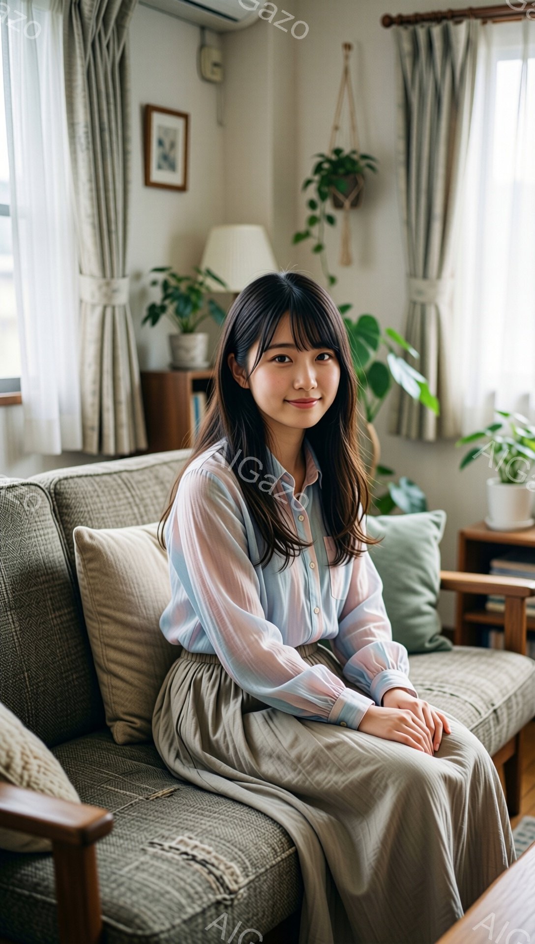 若い女性が明るいリビングルームのソファに座っています。彼女は水色の半透明のブラウスとベージュのロングスカートを身につけ、自然な笑顔を浮かべています。背景には植物、絵画、そして窓からの柔らかな光があり、穏やかでリラックスした雰囲気を醸し出しています。