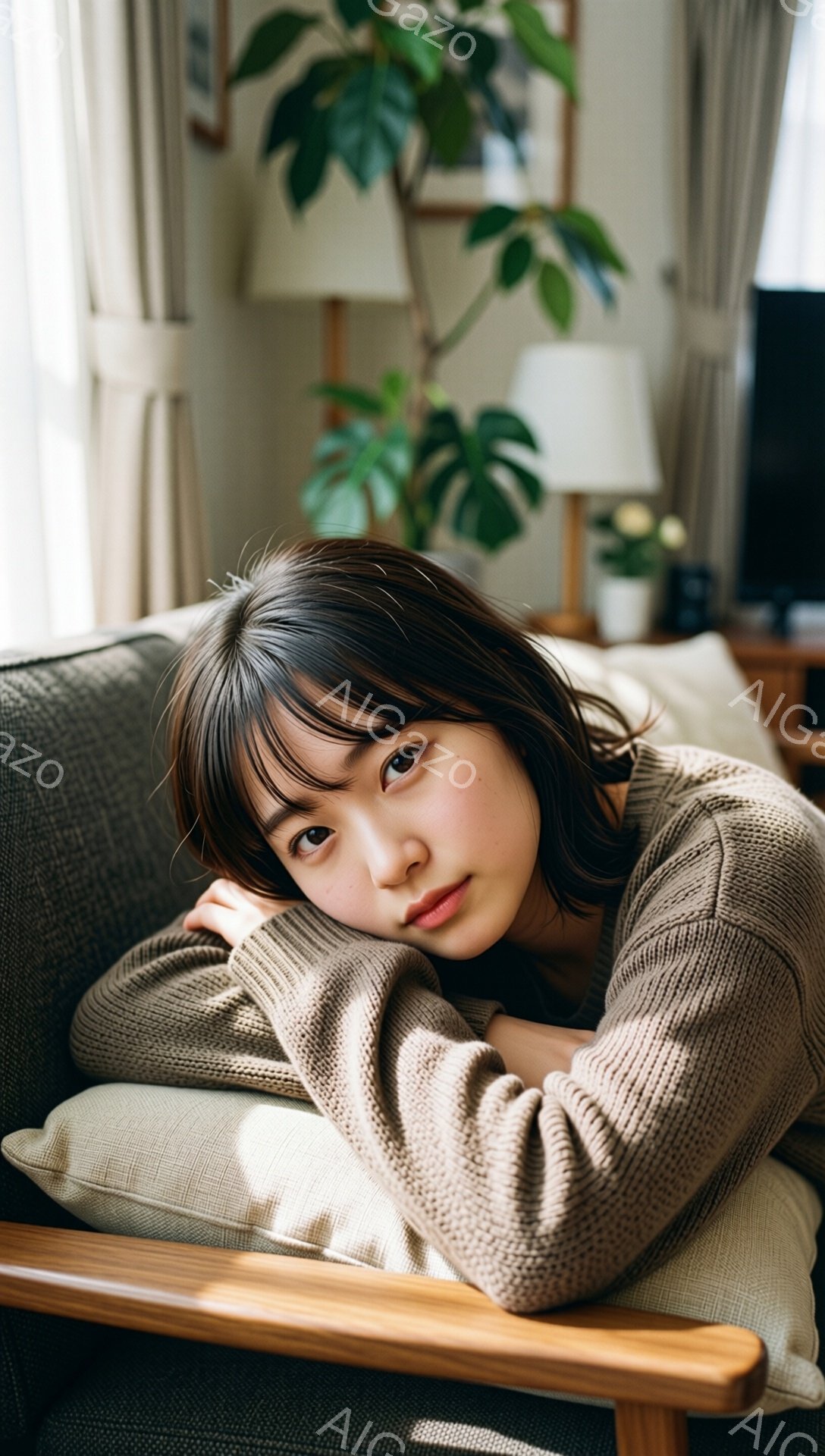 若い女性が、ベージュ色のニットを着てソファに肘をついて座っている。彼女はダークブラウンのヘアスタイルで、少し微笑んでいる表情で、リラックスした雰囲気だ。背景には観葉植物と、柔らかい光が差し込む窓が見え、居心地の良い室内空間が描かれている。