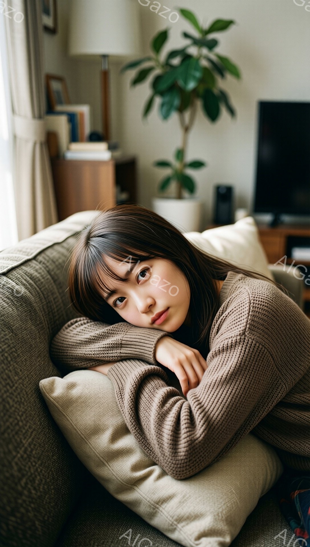 長いダークブラウンの髪の女性が、ベージュ色のざっくりとしたニットを着て、ソファの上で横たわっています。彼女は片腕を上げてクッションに寄りかかり、もう片方の腕は体を支え、少し物憂げな表情でこちらを見ています。背景には、植物、家具、そして柔らかい光が差し込む窓があり、リラックスした穏やかな雰囲気が漂っています。