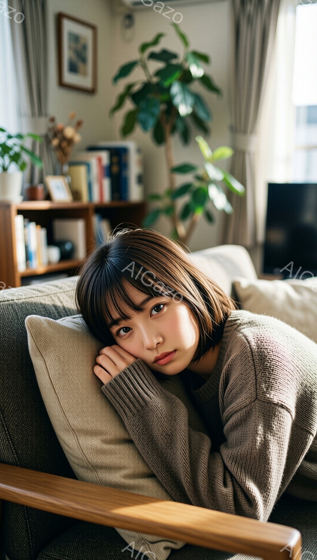 明るいリビングで、短い茶色の髪の女性がソファに肘をついて横たわっている。彼女はベージュのセーターを着ており、少し退屈そうな表情をしている。背景には、本棚、観葉植物、そして窓から差し込む自然光が見え、温かくリラックスした雰囲気が漂っている。