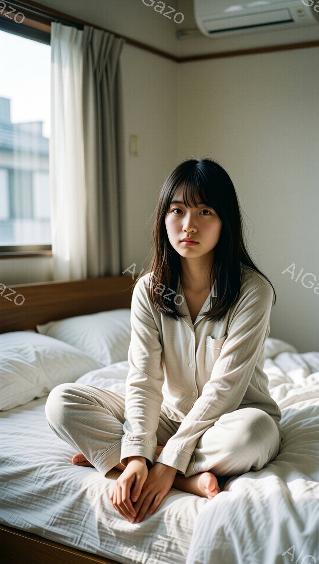 ベッドの上に座っている若い女性が写っています。ベージュ色のパジャマを着ており、少し長めの前髪とダークブラウンの髪が特徴的です。彼女は無表情でカメラを見つめており、落ち着いた、内省的な雰囲気を醸し出しています。