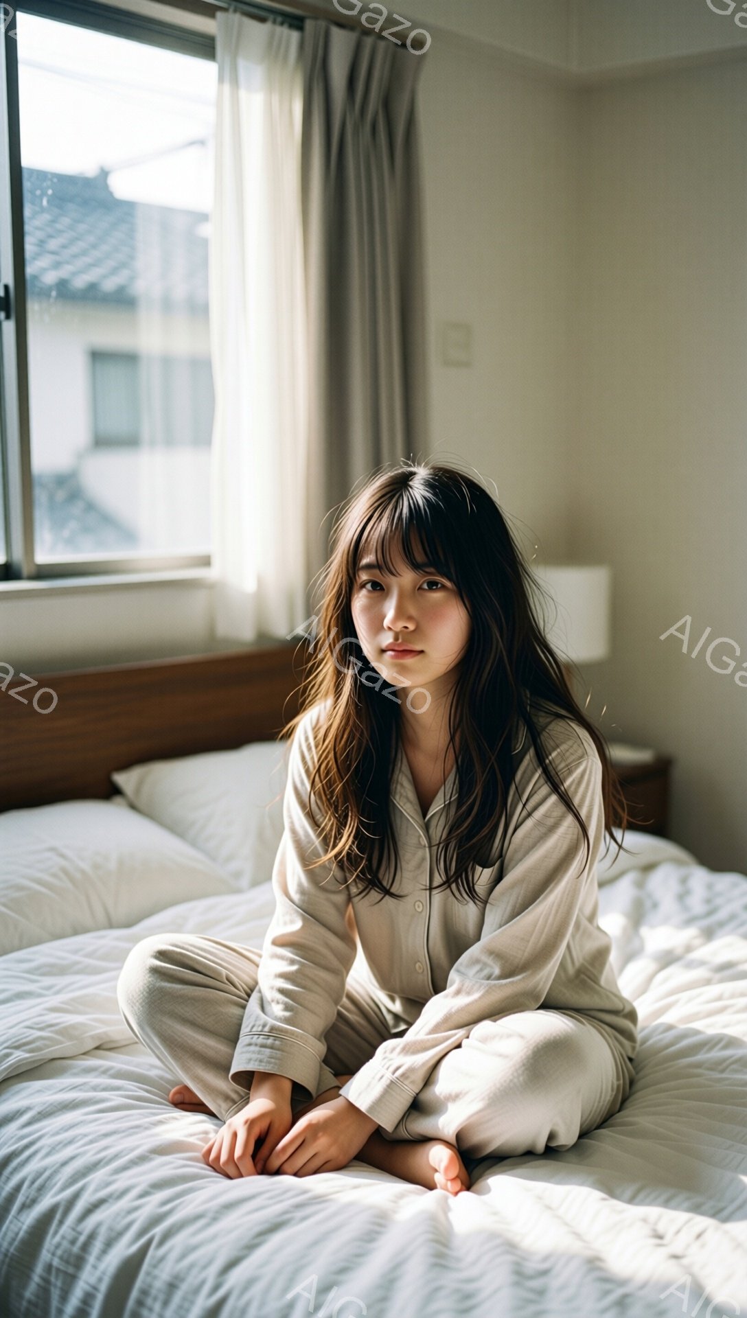 長いダークブラウンの髪をした若い女性が、白いベッドに座って瞑想しているような姿勢をとっています。ベージュ色のパジャマのような服を着ており、少し憂いのある表情でカメラを見つめています。背景には窓から差し込む光と、ぼんやりと見える日本の建物が見え、穏やかで内省的な雰囲気を醸し出しています。