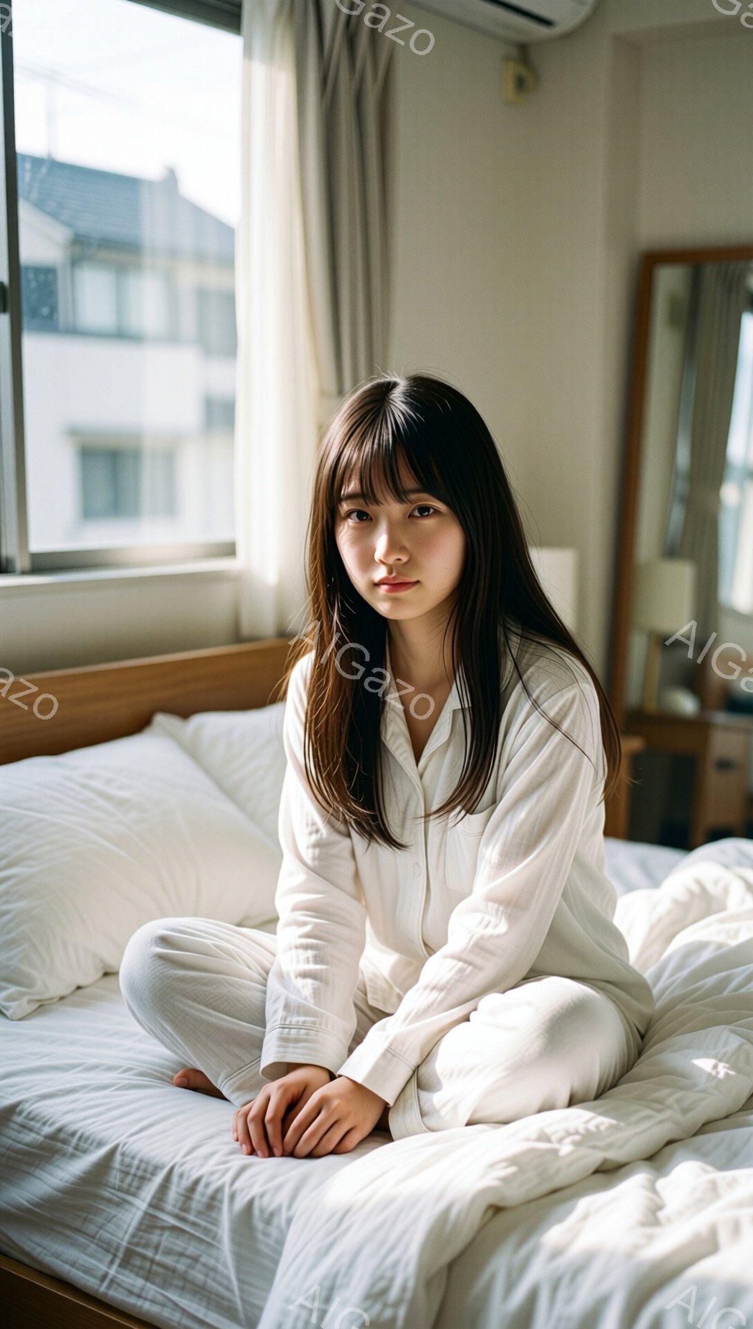 長い黒髪の女性が白いパジャマ姿でベッドに座っている。彼女は少し微笑んでおり、リラックスした表情をしている。窓の外には建物が見え、日差しが差し込み、暖かく穏やかな雰囲気を醸し出している。