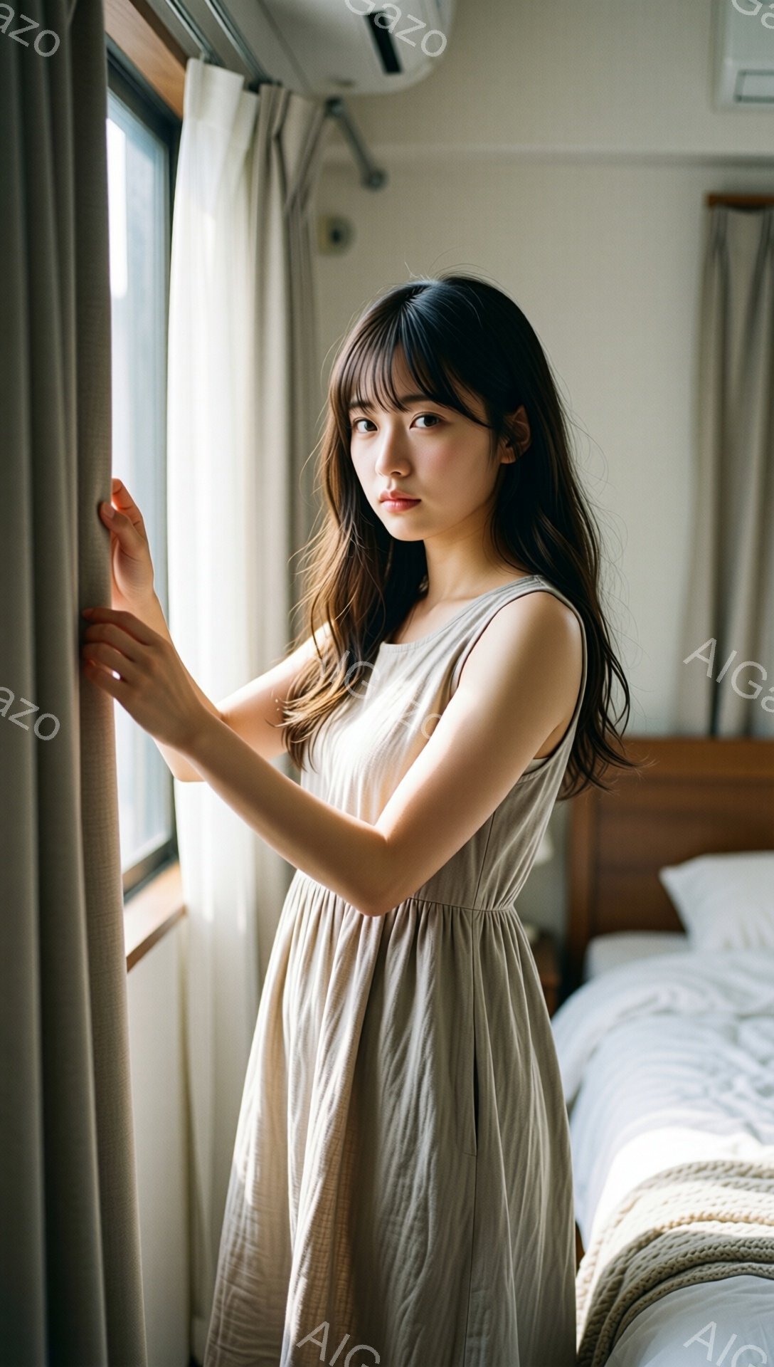 長い黒髪を無造作に垂らし、ベージュ色のキャミソールワンピースを着た女性が描かれている。彼女は窓辺に立ち、カーテンを軽く握りながら穏やかな表情でこちらを見ている。背景にはベッドと白を基調としたシンプルな内装が見え、柔らかく暖かい雰囲気が漂っている。