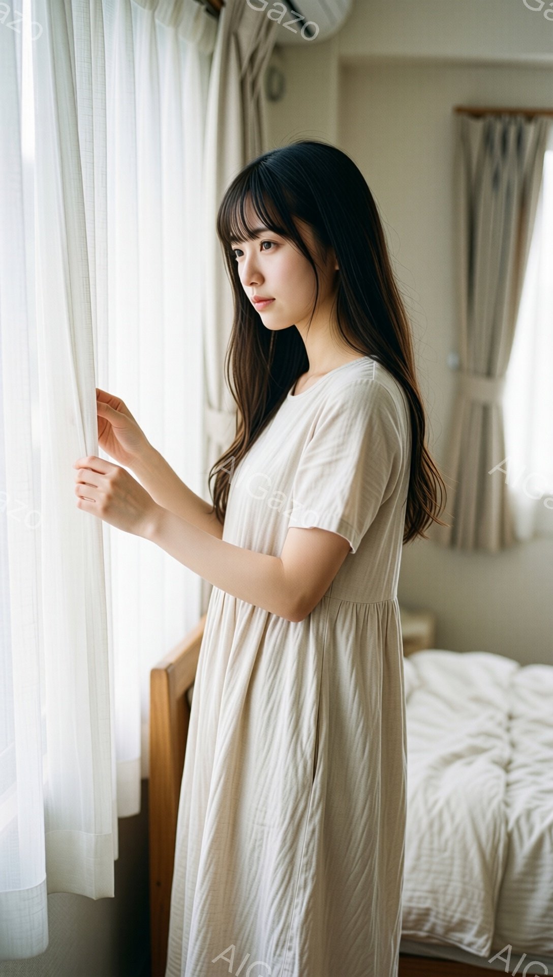 長い黒髪で前髪がぱっつんとした女性が、ベージュ色のゆったりとしたワンピースを着て、窓辺に立っている。彼女は窓のレースカーテンを少し引き上げている様子で、物憂げな表情で何かを考えているようだ。背景には、白いベッドと明るいベージュ色のカーテンが見え、全体的に穏やかで静謐な雰囲気が漂っている。