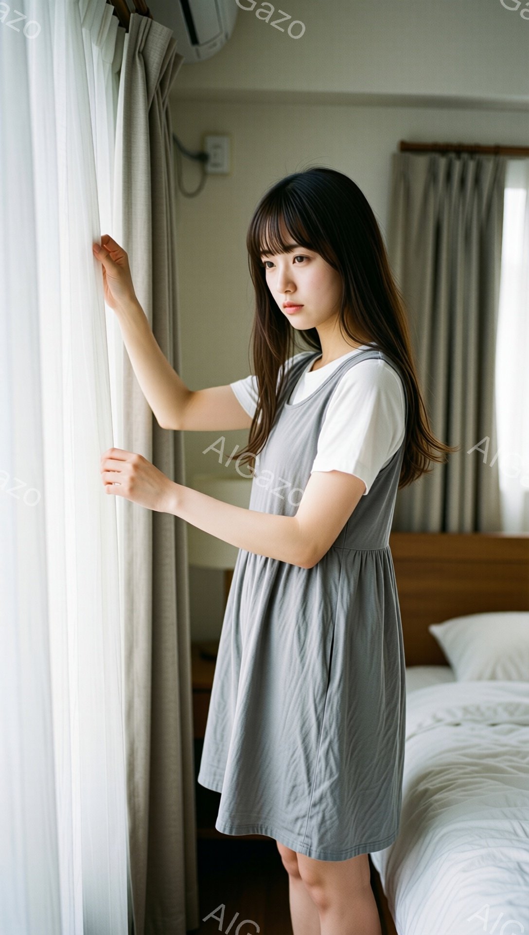 長い黒髪で前髪ぱっつんの女性が、白いブラウスの上にグレーのオーバーオールを着て、窓辺に立っている。彼女は少し物憂げな表情で、カーテンを軽く掴んでいる。背景にはベッドとエアコンが見え、室内は明るく、穏やかな雰囲気である。