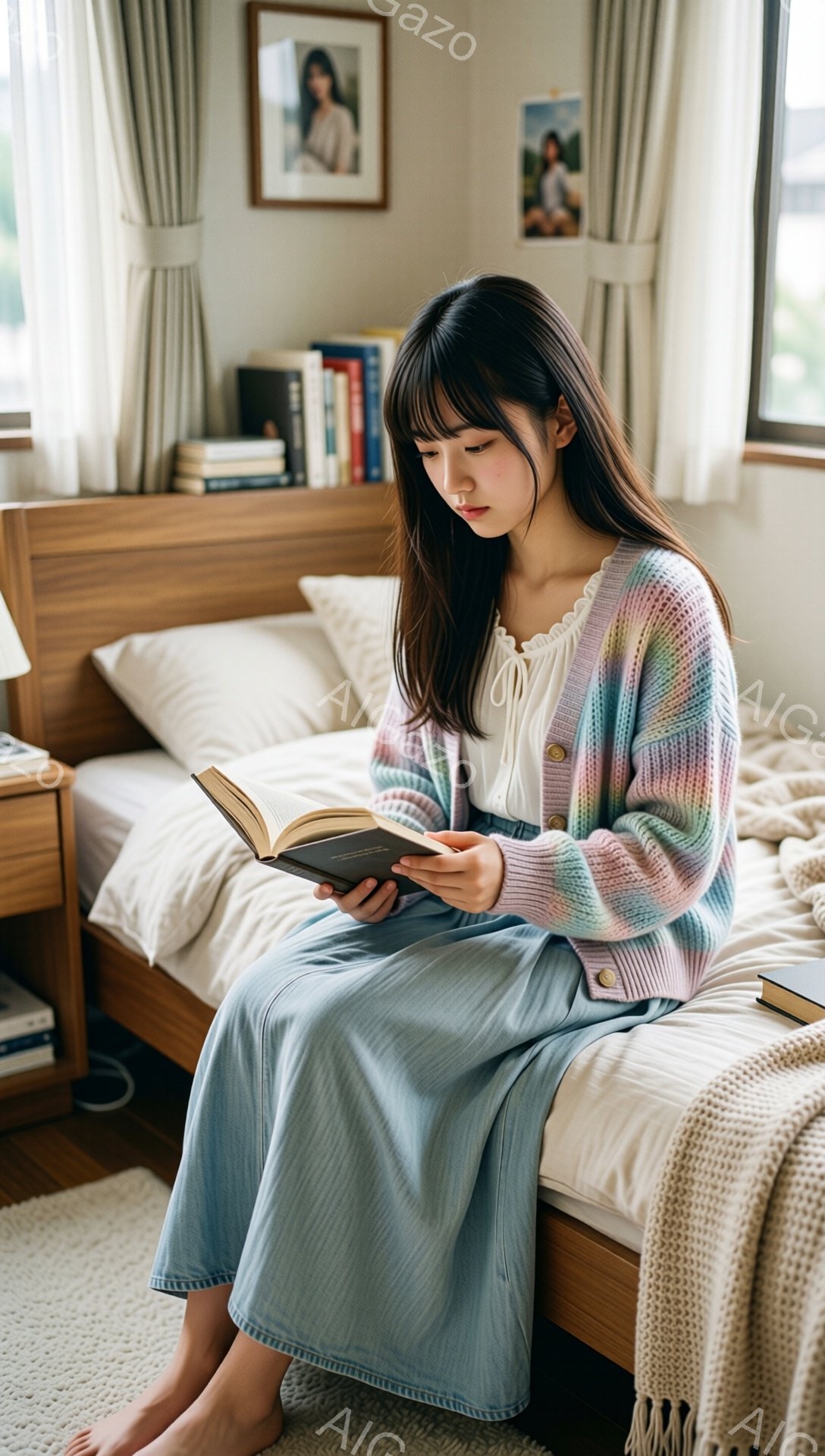 長い黒髪で前髪が少しカールした若い女性がベッドに座って本を読んでいます。パステルカラーのカーディガンに水色のスカートを着ており、リラックスした雰囲気です。背景には木製のナイトテーブルと本棚、そして自然光が入る窓が見え、穏やかで静かな室内であることがわかります。