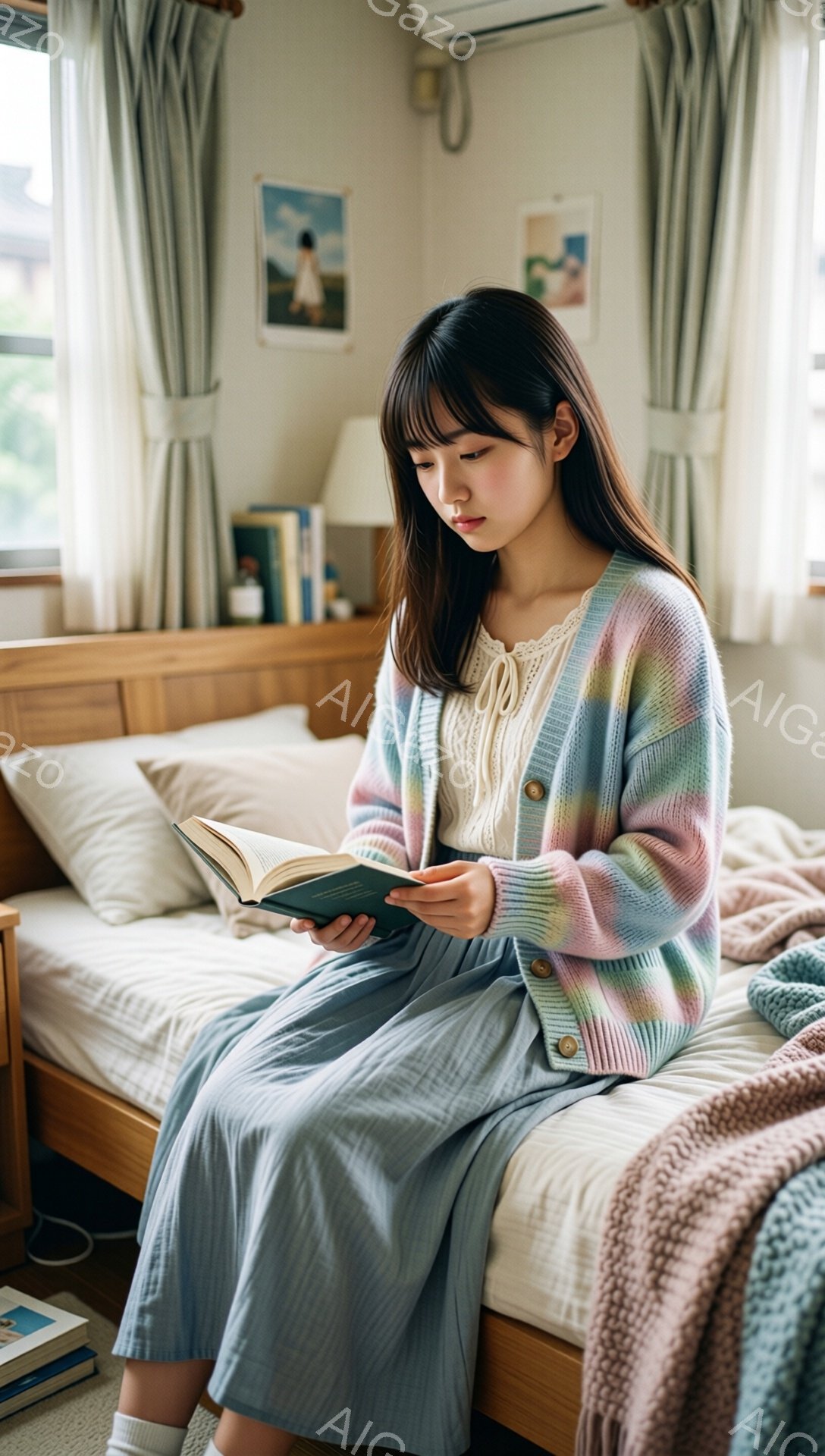 長いダークブラウンの髪をした若い女性がベッドに座って本を読んでいます。彼女はパステルカラーのニットカーディガン、白いレースのブラウス、水色のスカートを着ており、リラックスした表情をしています。背景には木製のベッドフレームと、穏やかな光が差し込む窓が見え、全体的に暖かく落ち着いた雰囲気です。