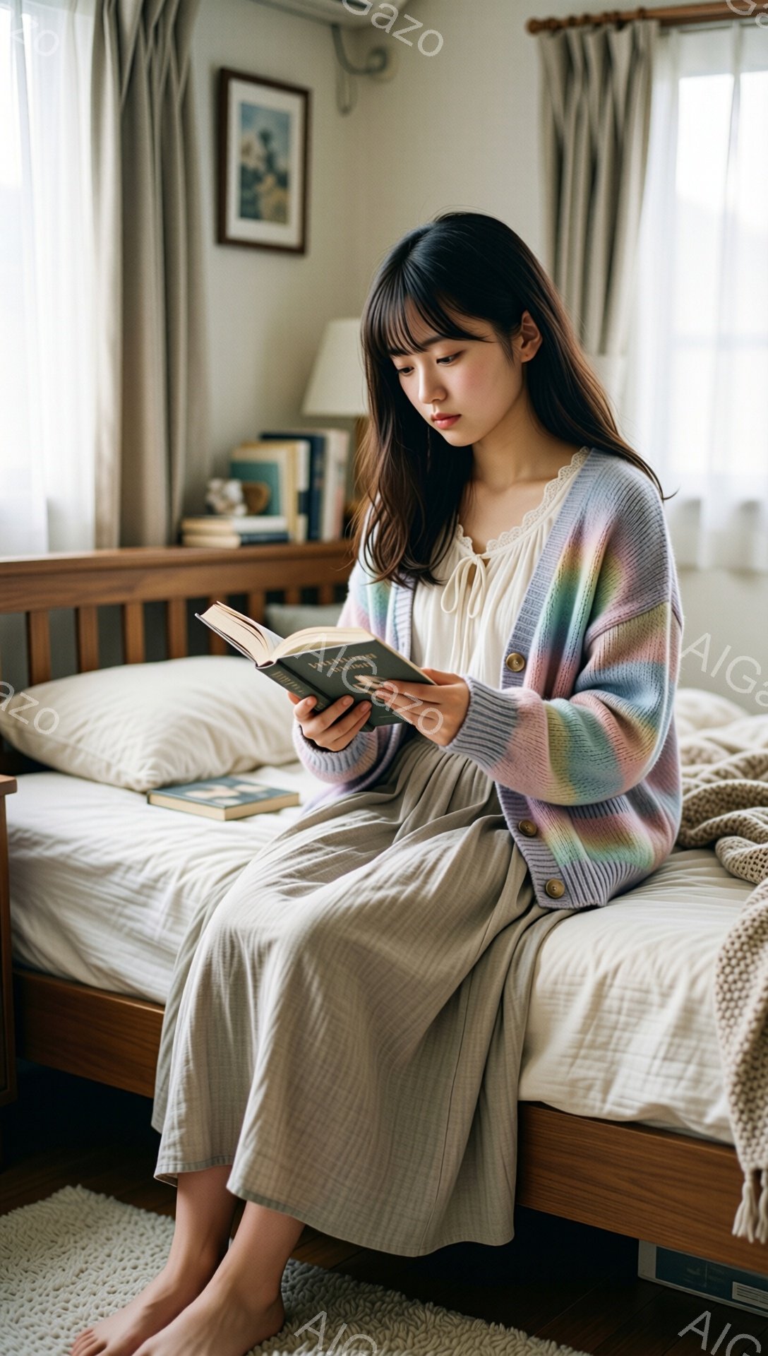 明るい部屋で、若い女性がベッドに座って本を読んでいます。彼女はベージュの長袖ワンピースにカラフルなニットカーディガンを羽織り、足は素足です。表情は穏やかで、髪は肩にかかる長さで、前髪が目にかかっていま - AI生成フリー素材