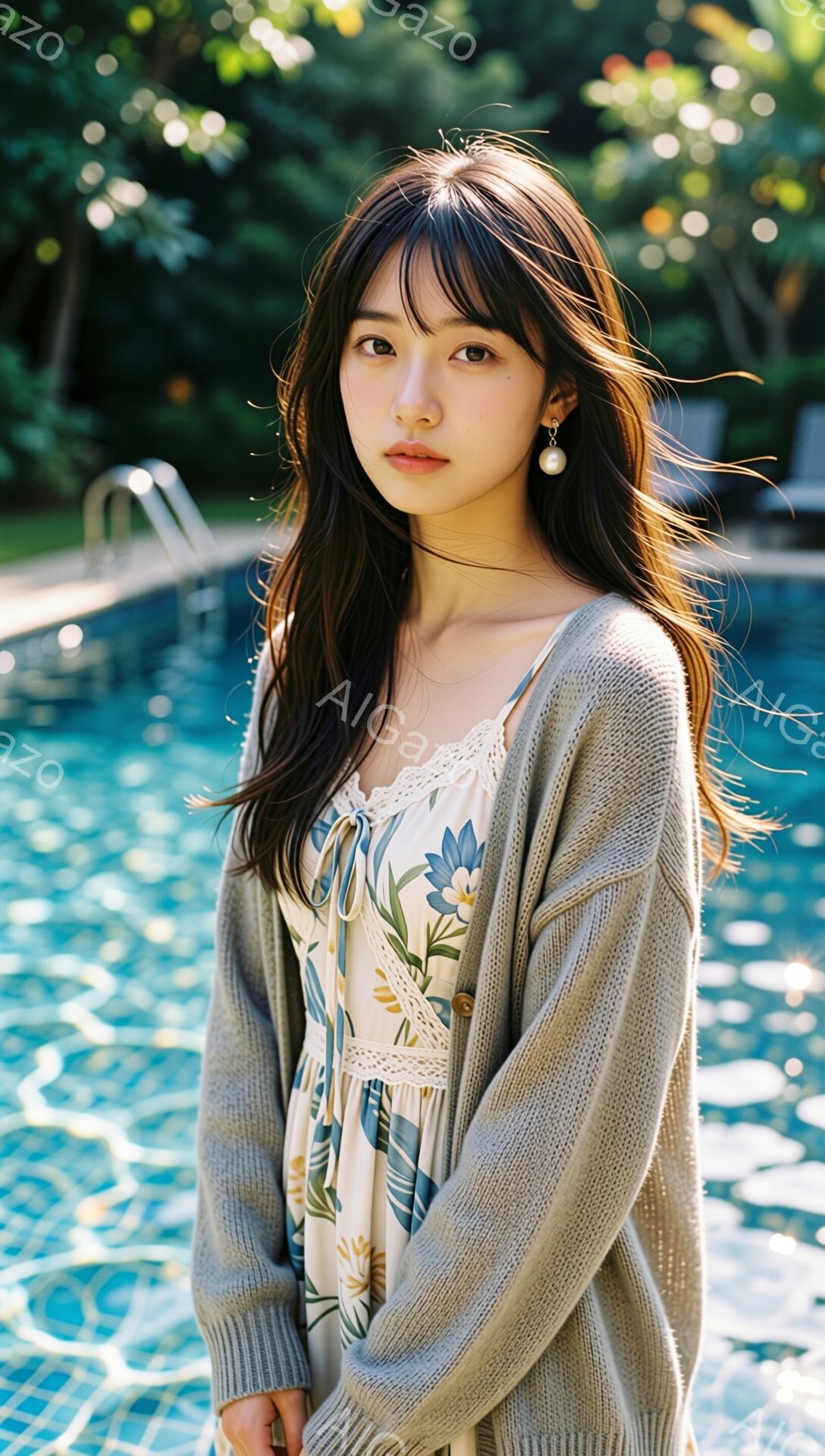 長いダークブラウンの髪をした若い女性が、水色の花柄のワンピースに薄いグレーのカーディガンを羽織って立っています。彼女は控えめな微笑みを浮かべ、大きな瞳と控えめなイヤリングが特徴的です。背景には、水がキラキラと輝くプールと緑豊かな木々があり、穏やかでリラックスした雰囲気が漂っています。