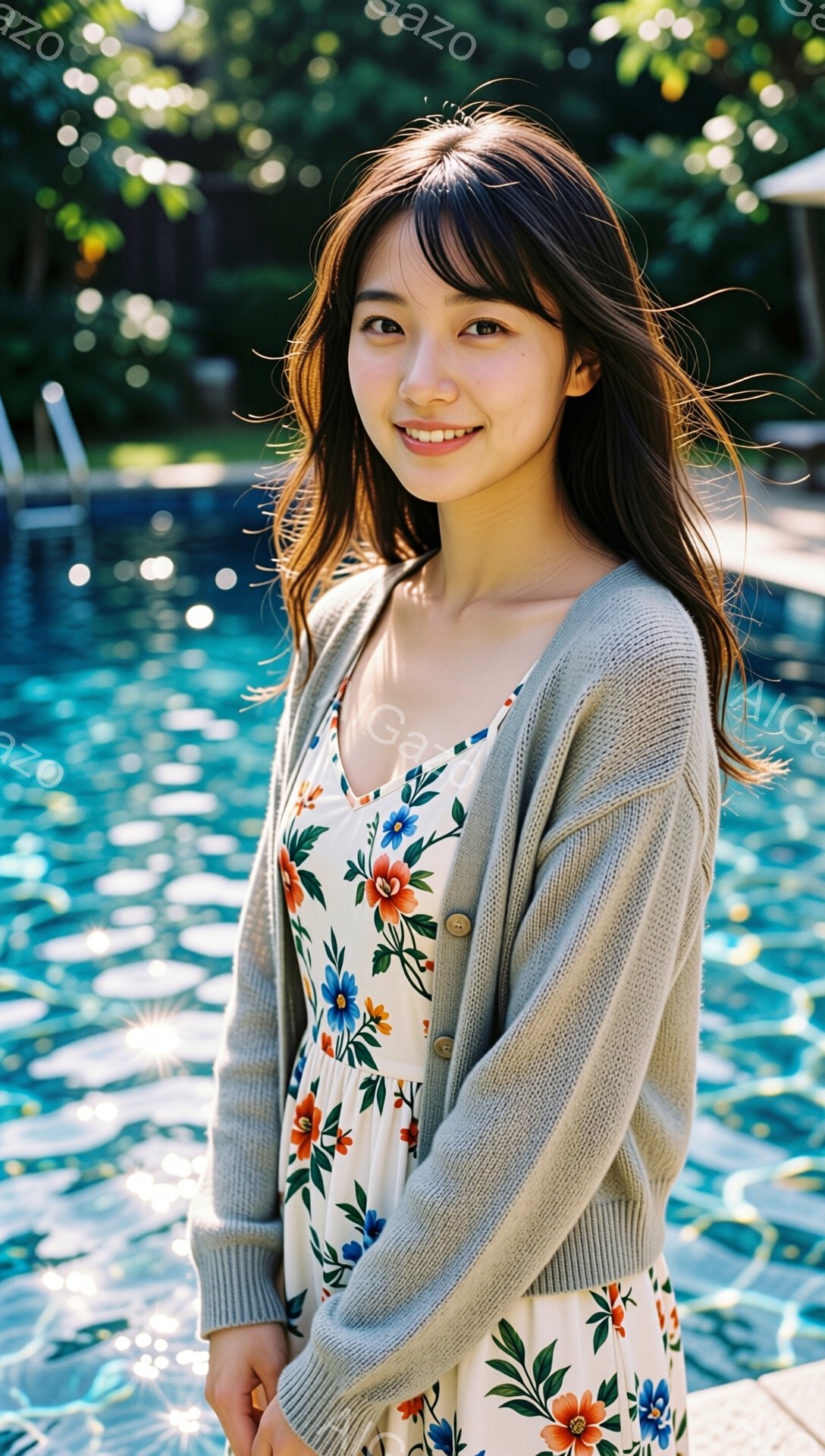 長い茶色の髪を肩にかける若い女性が、花柄のワンピースにグレーのカーディガンを着て微笑んでいます。彼女はリラックスした姿勢で立っており、背景には青く輝くプールと緑豊かな植物が見えます。 全体的に、明るく - AI生成フリー素材