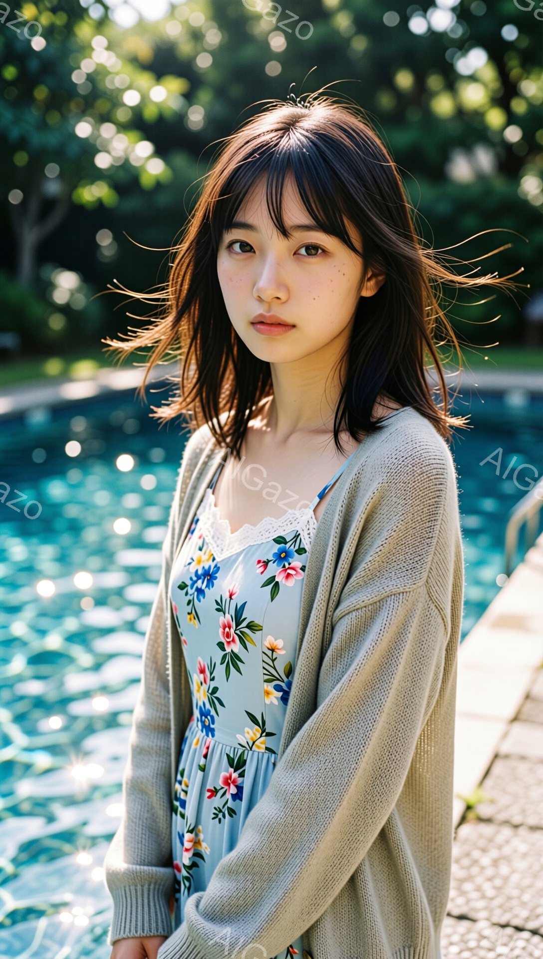 長いダークブラウンの髪を持つ若い女性が、花柄の淡い水色のワンピースの上にベージュ色のカーディガンを着ています。彼女は少し微笑んでおり、視線はカメラの方を向いています。背景にはキラキラと輝くプールの水面 - AI生成フリー素材