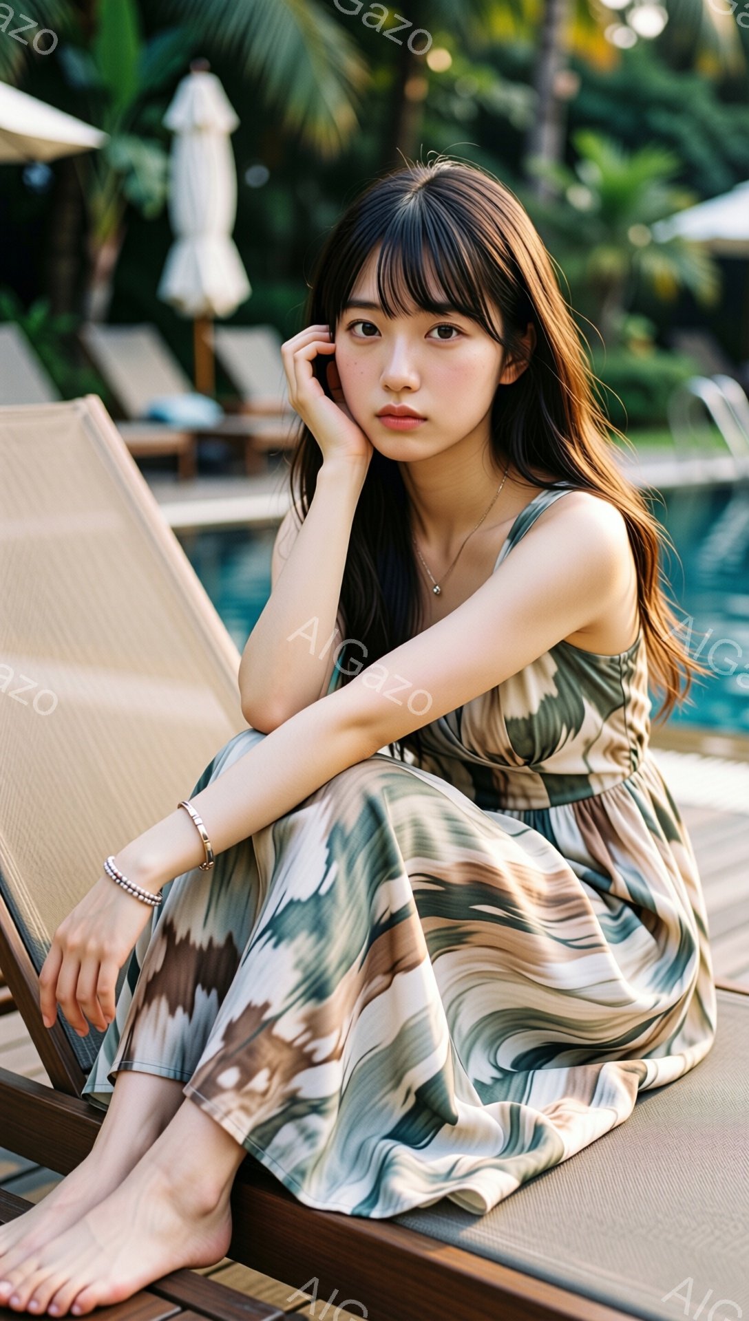 長いダークブラウンの髪を耳にかける若い女性が、プールサイドのデッキチェアに座っています。彼女は緑と茶色のマーブル模様のキャミソールワンピースを着ており、足は裸です。背景には青いプールとヤシの木が見え、暖かい晴れた日のリラックスした雰囲気が漂っています。