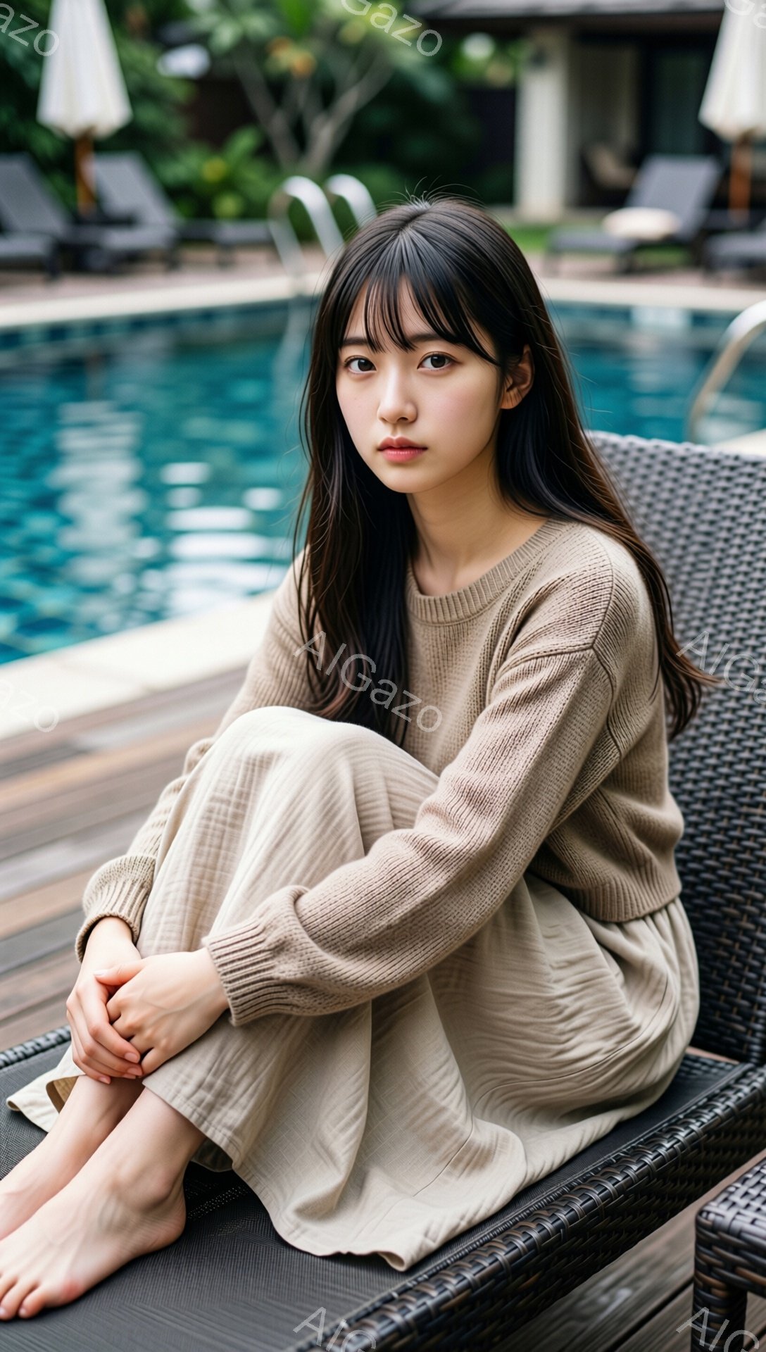 長い黒髪を肩で分けている若い女性が、ベージュ色のニットの上下セットを着て、籐製の椅子に座って膝を抱えています。彼女は穏やかな表情で、わずかに微笑んでいるように見えます。背景には、青いプールとパラソルが並び、リゾート地のような雰囲気が漂っています。