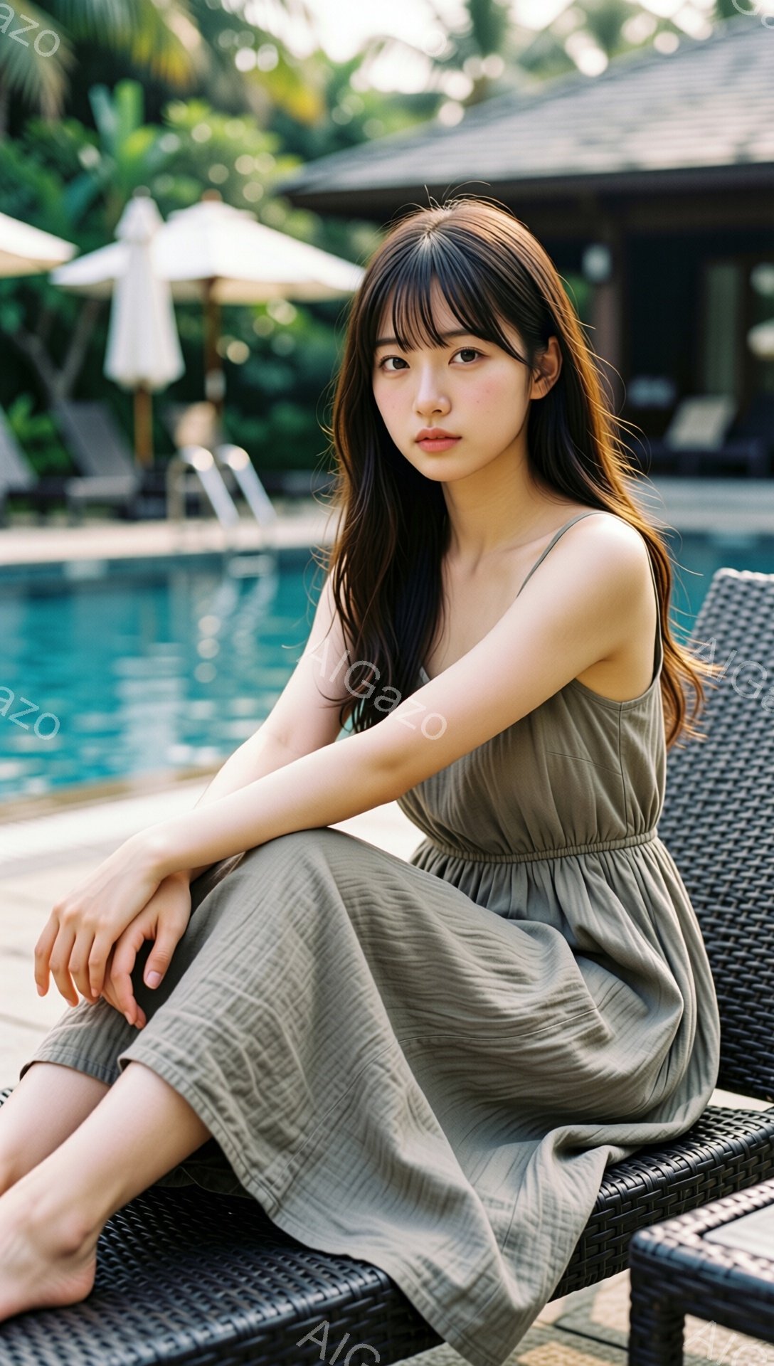 長い黒髪をセンターパートにした女性が、ベージュ色のキャミソールワンピースを着て、黒いラウンジチェアに座っている。彼女は少し微笑んでおり、リラックスした表情をしている。背景には青いプールと緑豊かな熱帯植物が見え、晴れた日のリゾート地の穏やかな雰囲気が感じられる。