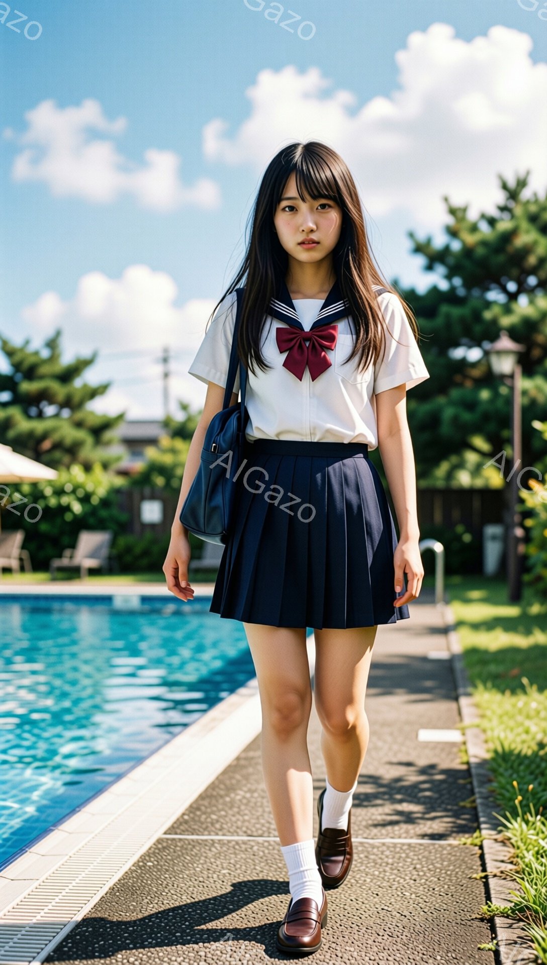 画像には、紺色のプリーツスカートと白いブラウス、赤いリボンを締めた女子高生が写っています。彼女は肩に黒いバッグをかけ、白い靴下と茶色のローファーを履いて、プールの横のコンクリートの道の上を歩いています。背景には緑豊かな木々や草地が見え、晴天の空が広がっており、爽やかな初夏の雰囲気が漂っています。