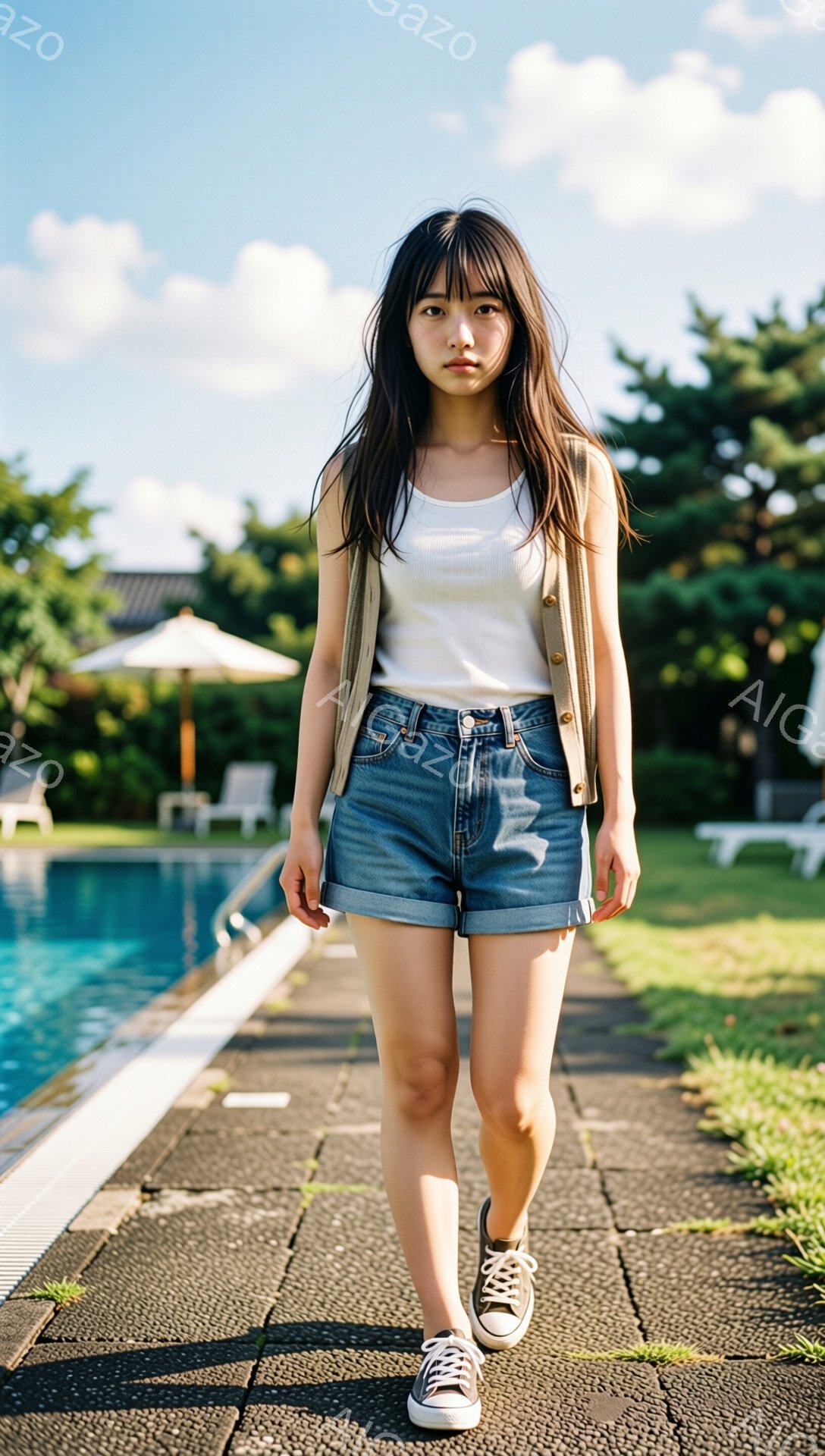 若い女性がプールサイドの敷石の上を歩いている。白いタンクトップに、ショートデニム、そしてベージュのカーディガンを羽織り、足元はコンバースのスニーカーを履いている。背景には緑豊かな庭園と青いプール、そして白いパラソルが見え、晴天の下、リラックスした雰囲気が漂っている。