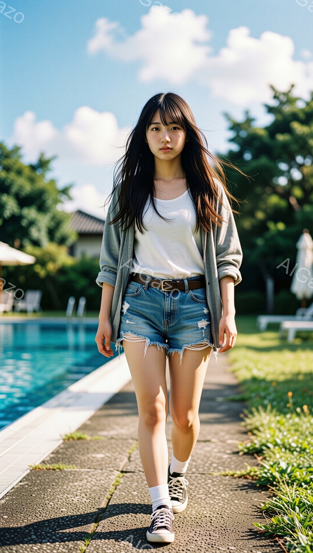 長い黒髪をセンターパートにした若い女性が、プールサイドの歩道を歩いている。白いTシャツに破れたデザインのデニムショートパンツ、グレーのカーディガンを羽織り、白い靴下と紫色のスニーカーを履いている。背景には青い空、緑の芝生、プール、そして遠くに見える建物があり、晴れた日のリラックスした雰囲気を醸し出している。