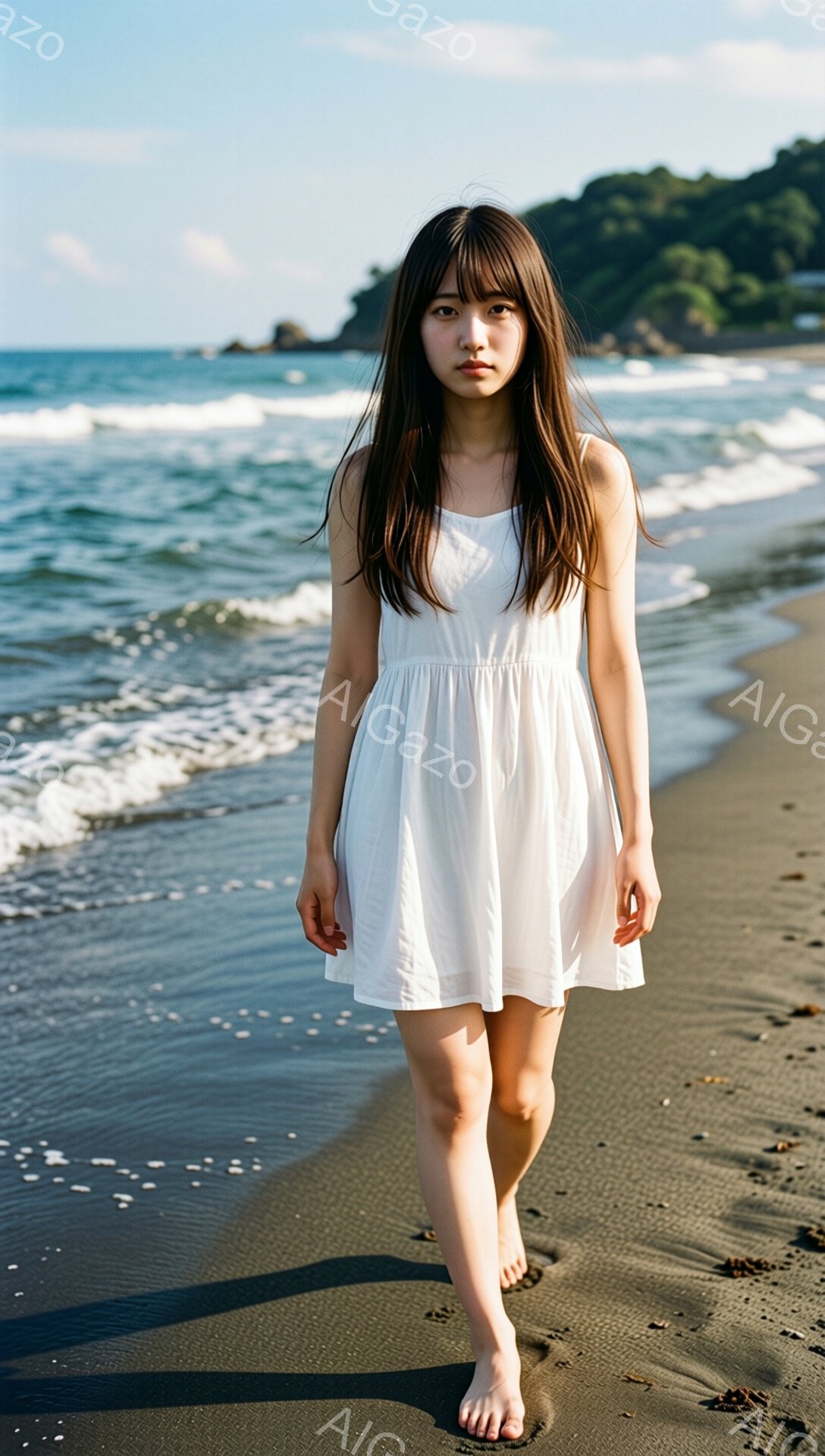 黒い砂浜で、白いワンピースを着た若い女性が海に向かって歩いている。彼女は長い黒髪で、穏やかな表情をしており、足は素足である。背景には青い海と緑の山々が広がり、晴れた空の下、静かで穏やかな雰囲気が漂っている。