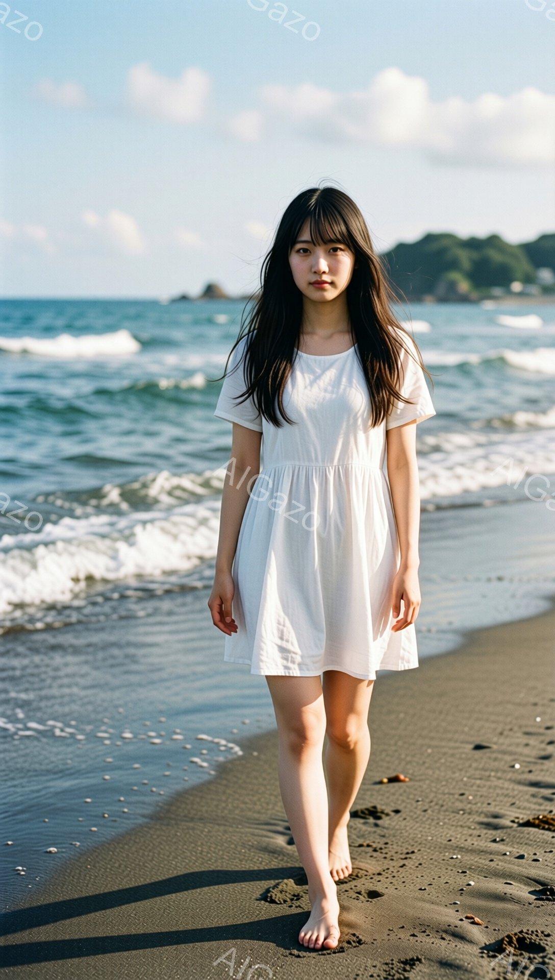 黒い砂浜を白いワンピースを着た女性が裸足で歩いている。彼女は長い黒髪をなびかせ、少し憂いを帯びた表情で正面を見ている。背景には青い海と白い波、そして緑の丘が見え、晴れた日の穏やかな雰囲気が漂っている。 - AI生成フリー素材