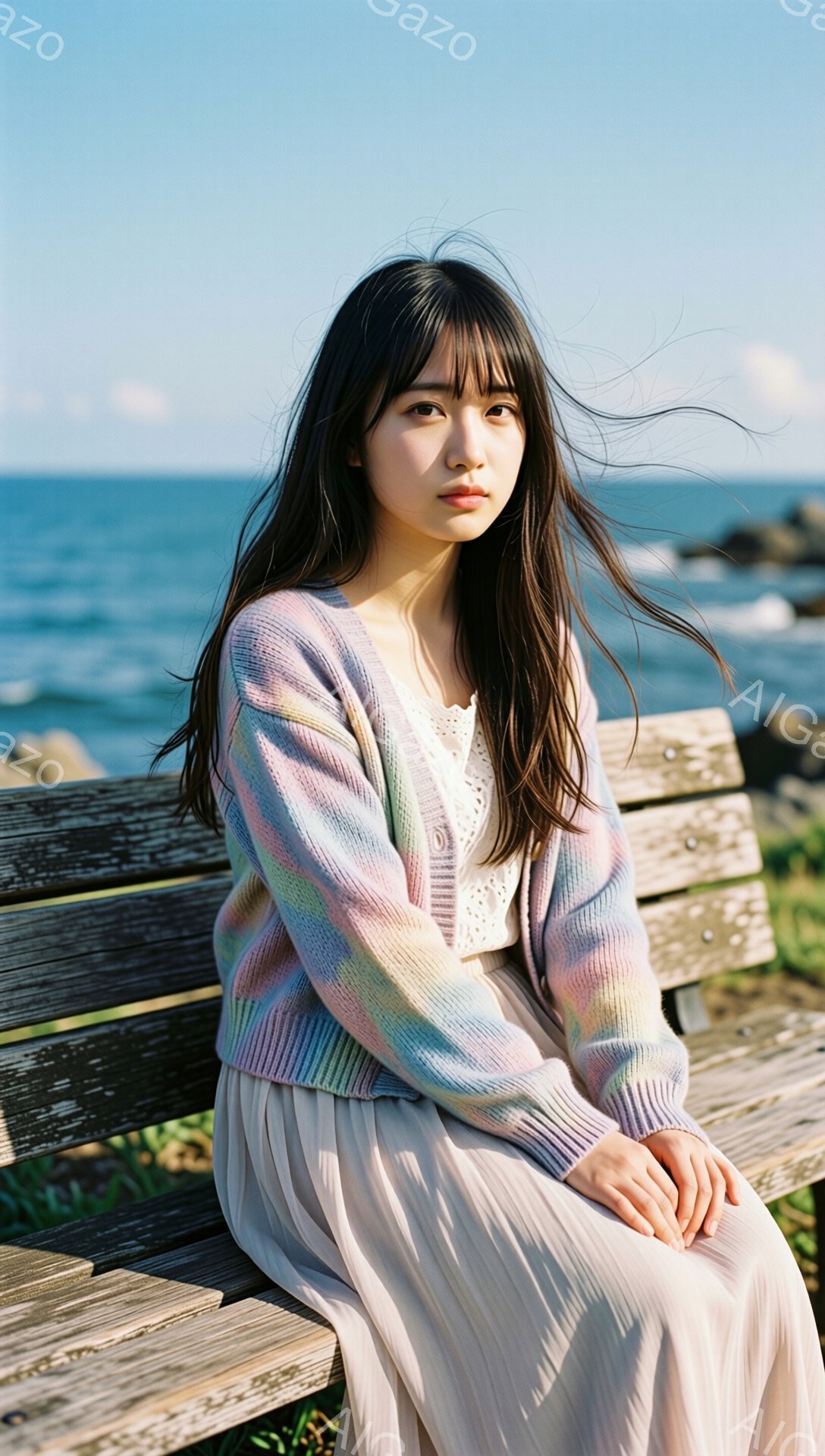 長い黒髪の女性が、木製のベンチに座ってこちらを見ています。パステルカラーのボーダーニットカーディガンと、白地にレースがあしらわれたインナー、そして淡いピンク色のプリーツスカートを身につけています。背景には青い海が広がり、晴れた空と穏やかな波が、どこかノスタルジックな雰囲気を醸し出しています。