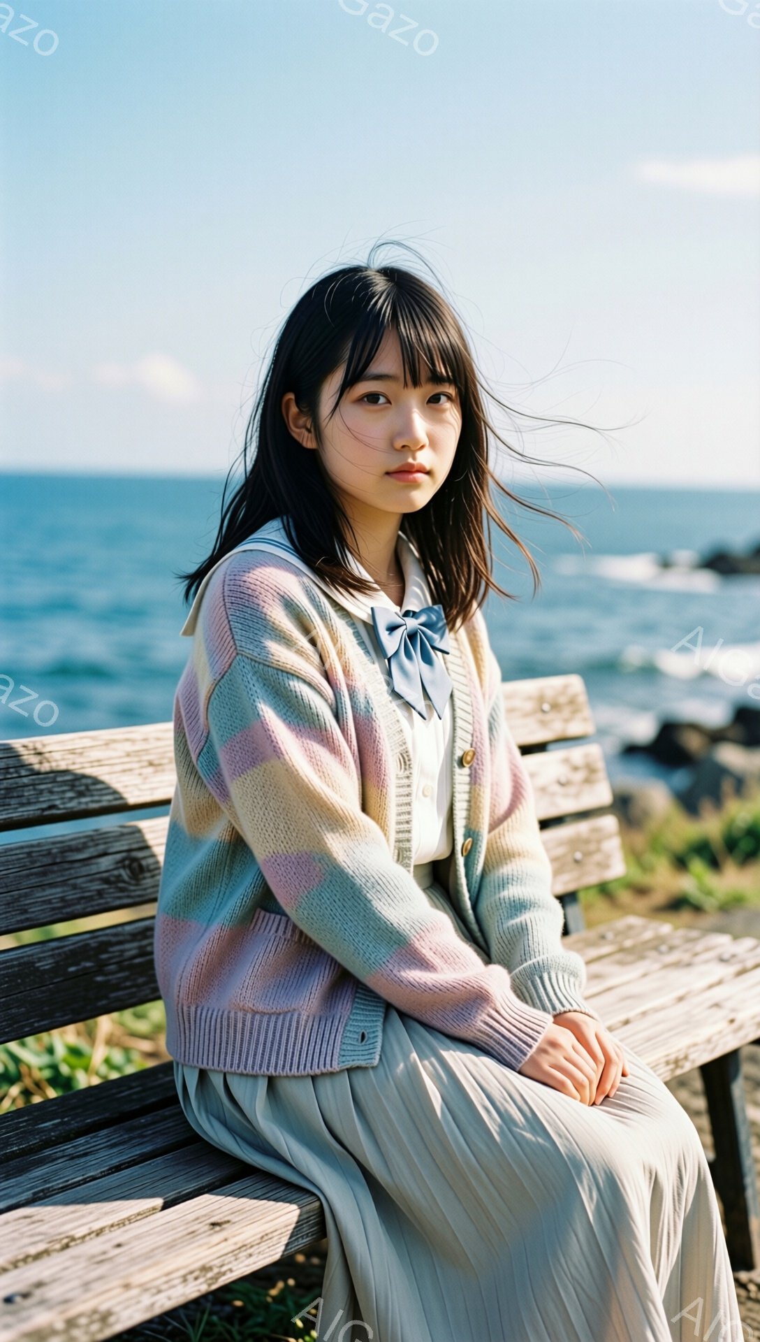 若い女性が木製のベンチに座っており、パステルカラーのカーディガン、白いブラウスに水色のリボン、そしてベージュのプリーツスカートを着用しています。彼女は暗い色の短い髪をしており、やや憂いを帯びた表情でカメラを見つめています。背景には青い海と岩場が広がり、晴天の穏やかな海辺の風景が広がっています。