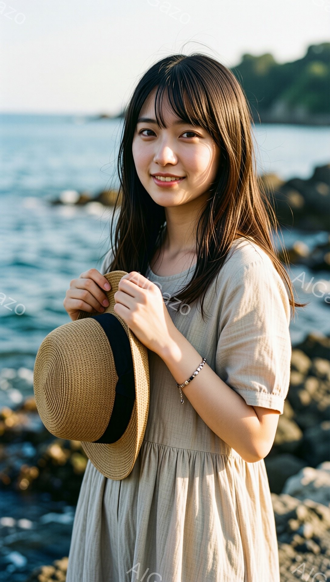 長い髪の女性が、ベージュ色のゆったりとしたワンピースを着て、麦わら帽子を抱えています。彼女は微笑んでおり、穏やかでリラックスした表情をしています。背景には、穏やかな海と岩場が広がり、晴れた日の自然な雰 - AI生成フリー素材