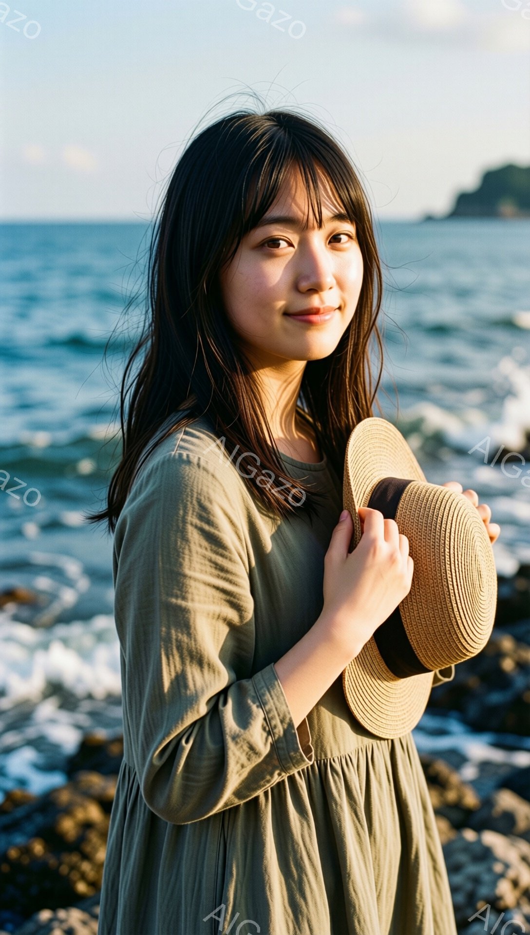 長い黒髪で、前髪が目にかかる女性が、オリーブグリーンのゆったりとしたワンピースを着ています。彼女は片手に麦わら帽子を持ち、穏やかな笑顔でカメラを見ており、背景には青い海と岩場が広がっています。全体的に、リラックスした穏やかな雰囲気が漂っています。