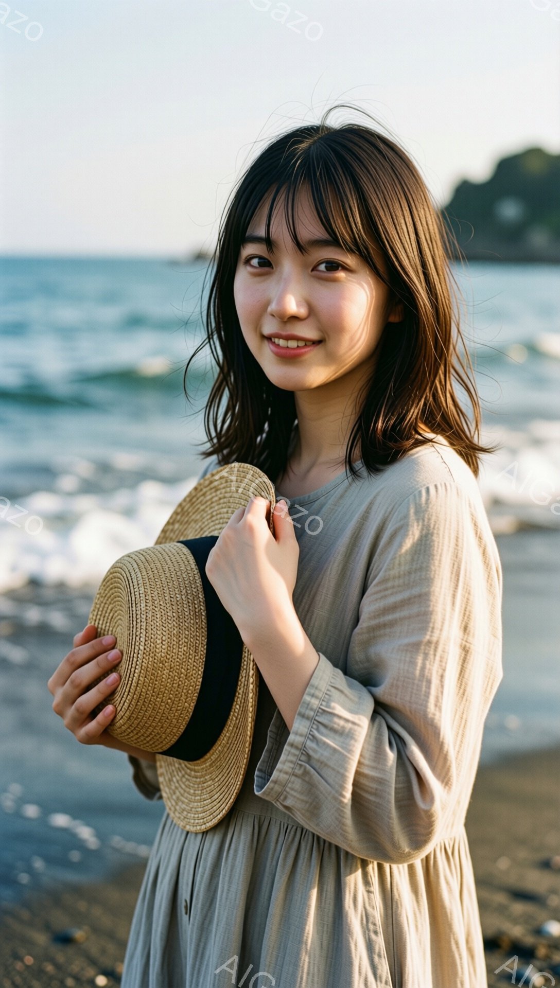 明るい笑顔を見せる若い女性が、砂浜に立っている。ベージュ色のゆったりとしたワンピースを着ており、片手に麦わら帽子を持っている。背景には穏やかな海と、緑豊かな丘が見え、晴れた日のリラックスした雰囲気が漂 - AI生成フリー素材