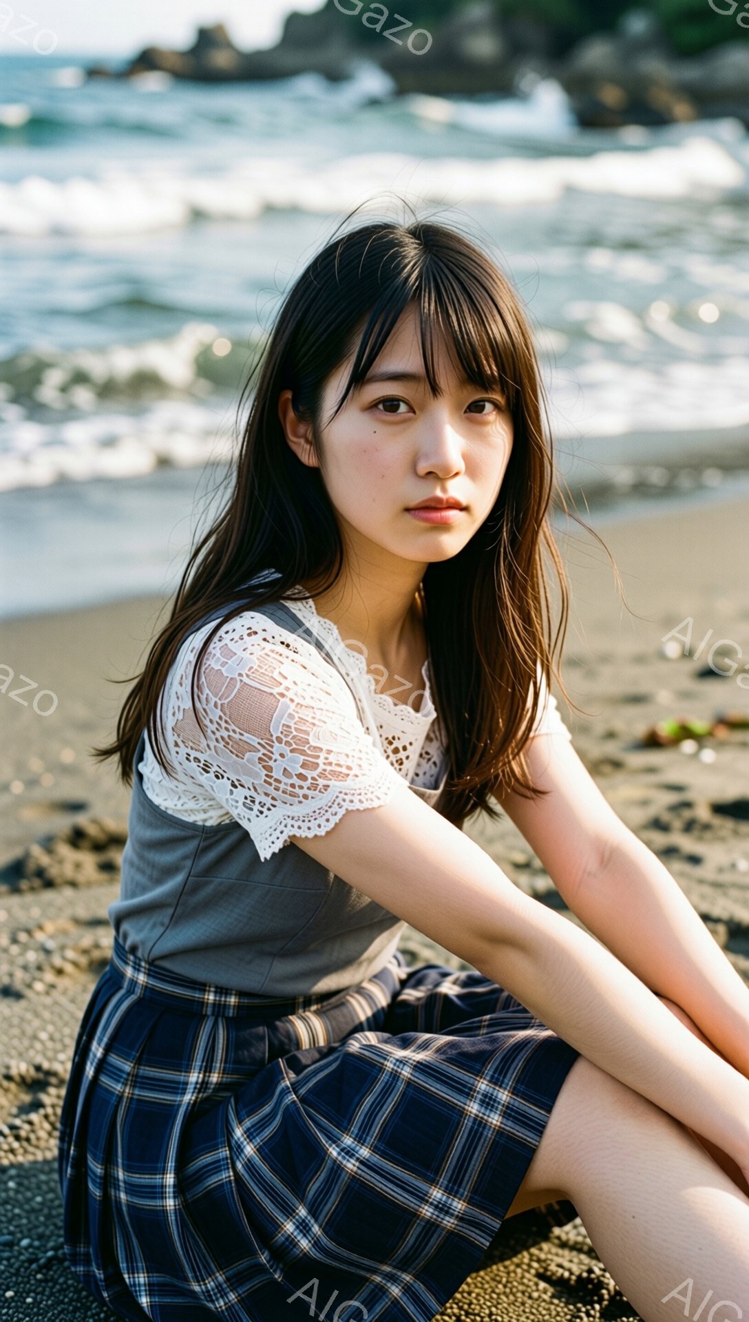長い黒髪を肩にかけた若い女性が、灰色のトップスと青いチェックのスカートを着て、砂浜に座っている。彼女はカメラを見つめ、少し憂いを帯びた表情をしている。背景には青い海と岩場が広がり、穏やかな日差しが全体を照らしている。