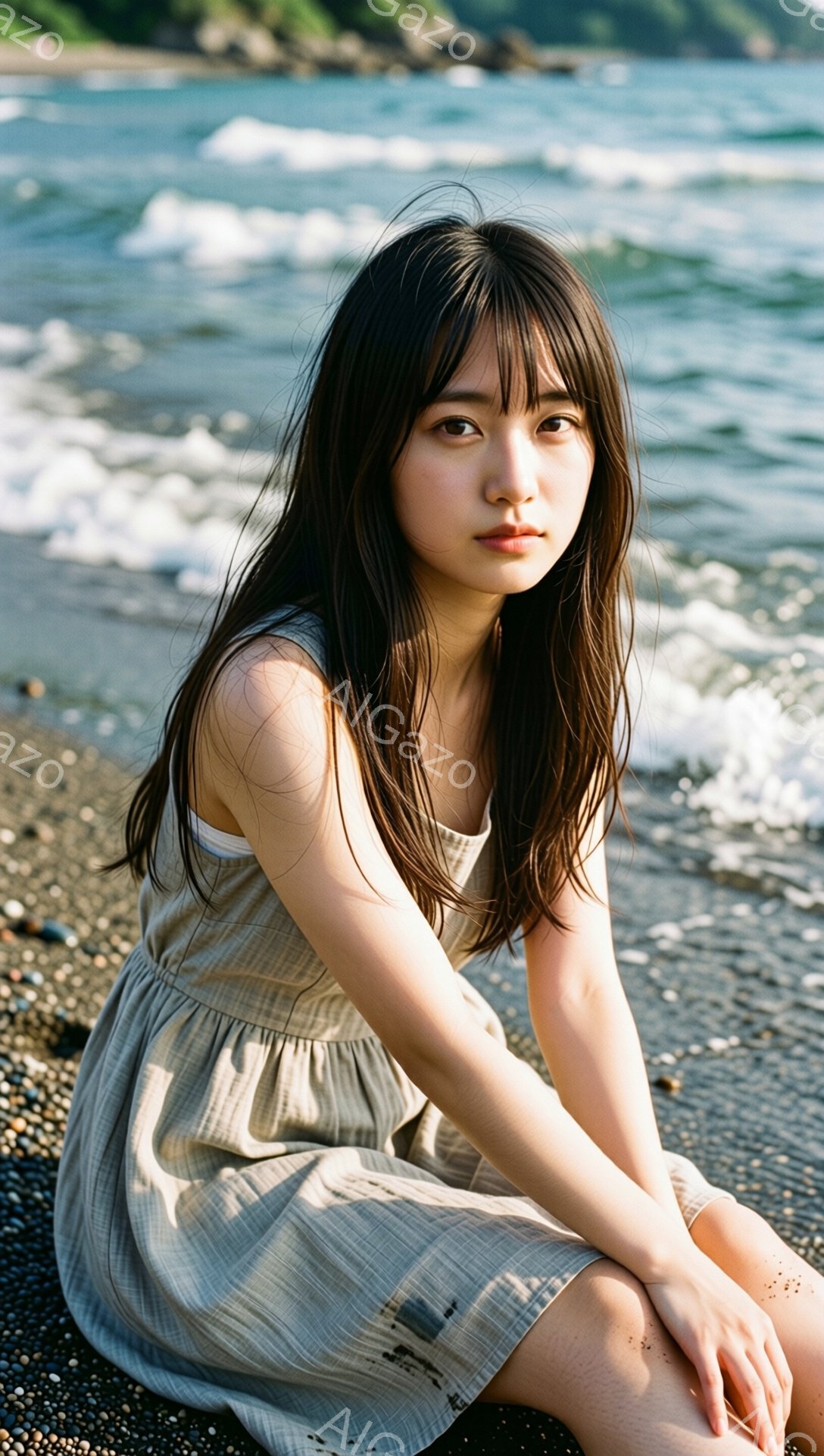 長い黒髪の女性が、砂利の海岸に座ってこちらを見ている。ベージュ色のゆったりとしたワンピースを着ており、表情は穏やかで少し物憂げだ。背景には、波が打ち寄せ、緑の丘が見え、天候は曇りのようでおだやかな雰囲気が漂っている。