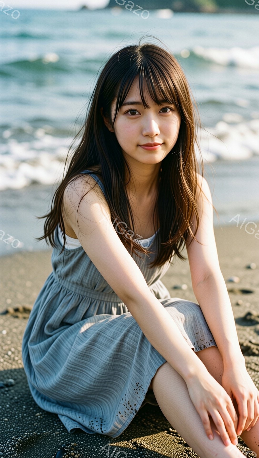 長いダークブラウンの髪を肩から下で自然に垂らし、前髪は眉毛にかかるように流している女性が写っている。グレーのレース調のワンピースを着て、膝を抱えて砂浜に座っており、穏やかな笑顔でこちらを見ている。背景には青い海と波が広がり、晴れた日の穏やかな雰囲気が感じられる。