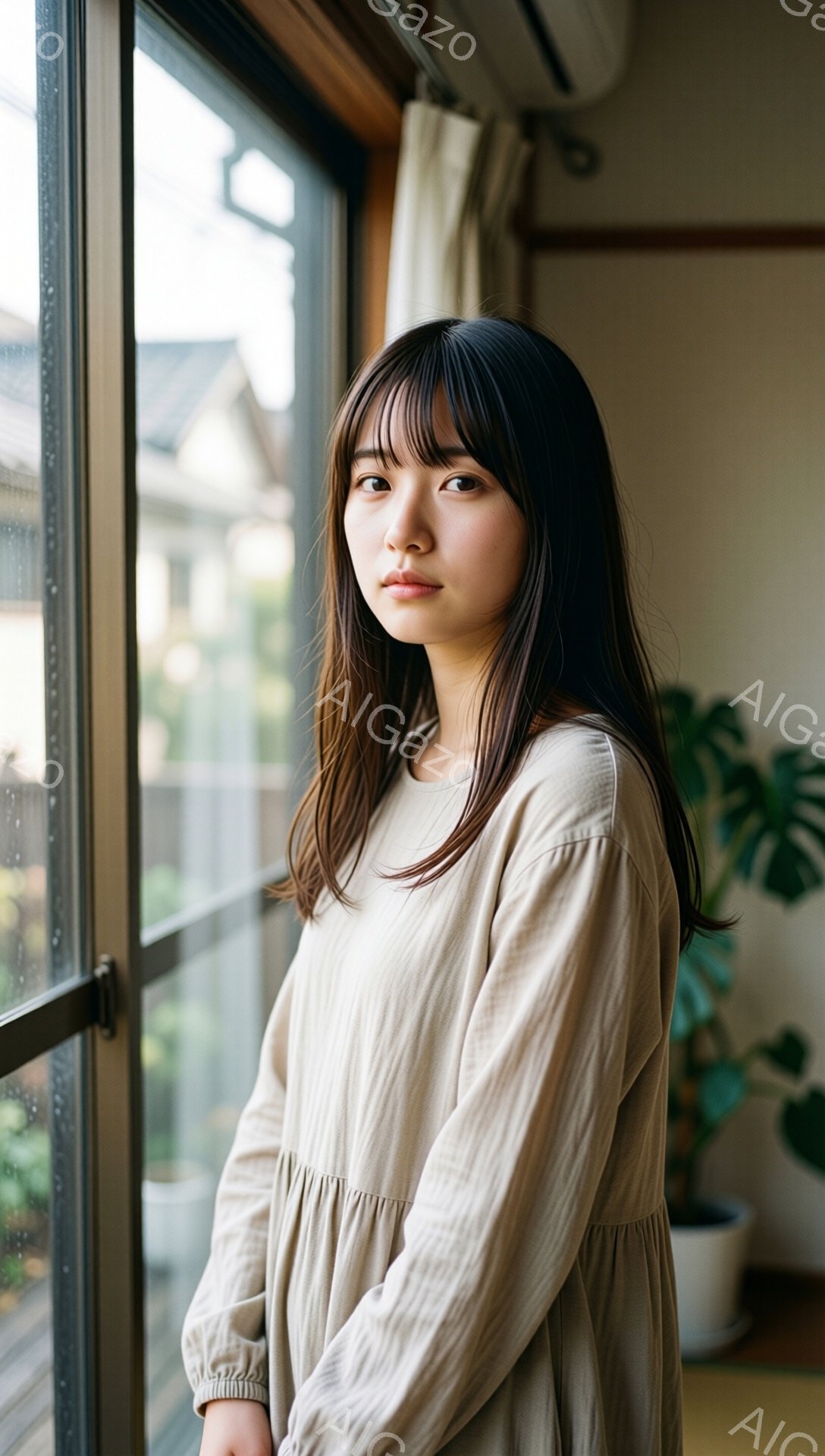 長い黒髪を肩まで伸ばした若い女性が、ベージュ色のゆったりとしたワンピースを着ています。彼女は窓辺に立ち、少し物憂げな表情で遠くを見つめており、リラックスした姿勢を保っています。背景には、雨に濡れた窓の外にぼんやりと見える建物と、室内の植物が配置されており、落ち着いた雰囲気を作り出しています。