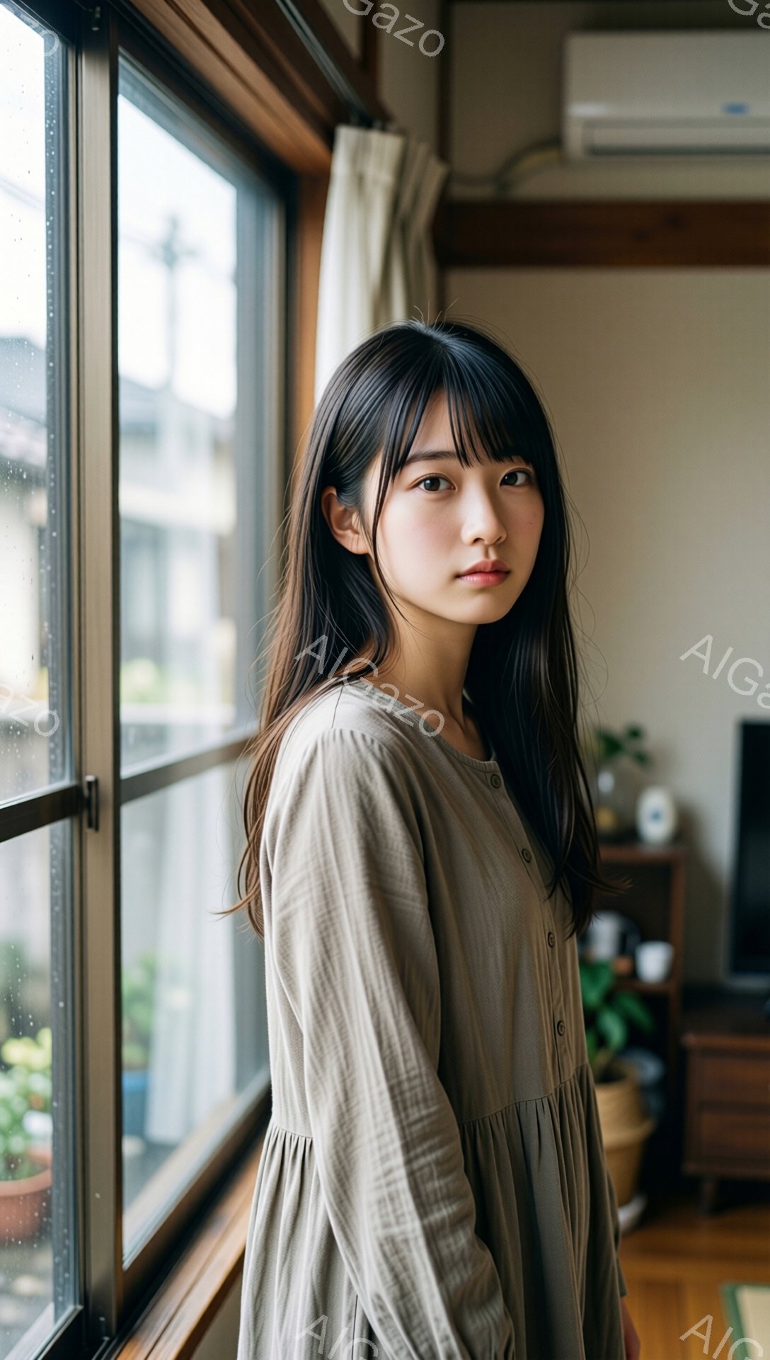 長い黒髪で、前髪は眉毛にかかる程度に切り揃えられています。ベージュ色のゆったりとしたワンピースを着ており、やや物憂げな表情で窓辺に立っています。背景には木製の窓枠と白いカーテン、そしてぼやけた緑の植物が見え、室内は穏やかで落ち着いた雰囲気が漂っています。