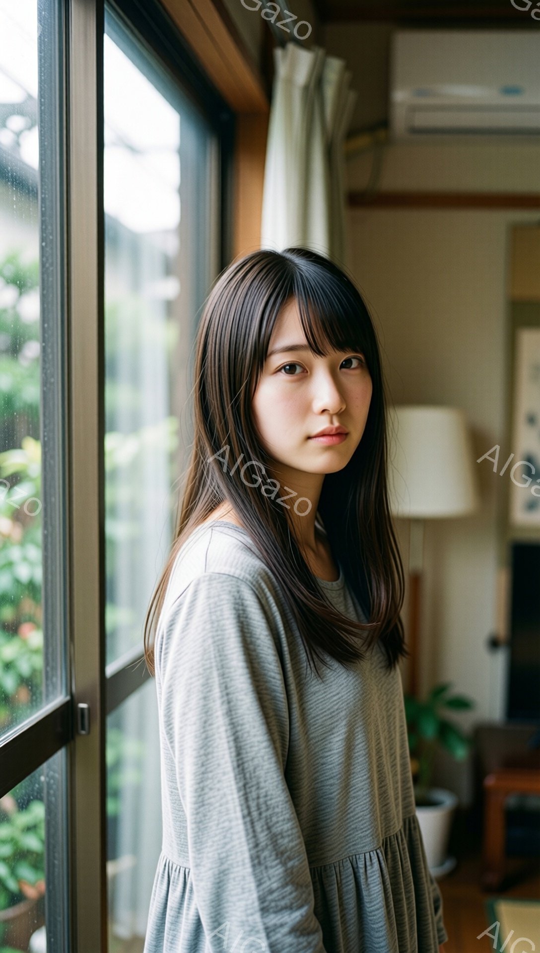 長い黒髪で前髪が目にかかる女性が、グレーのゆったりとしたワンピースを着て立っています。彼女は少し物憂げな表情で、窓の外を見つめています。背景には、植物が見える窓と、落ち着いた色調の部屋の一部が見えます - AI生成フリー素材