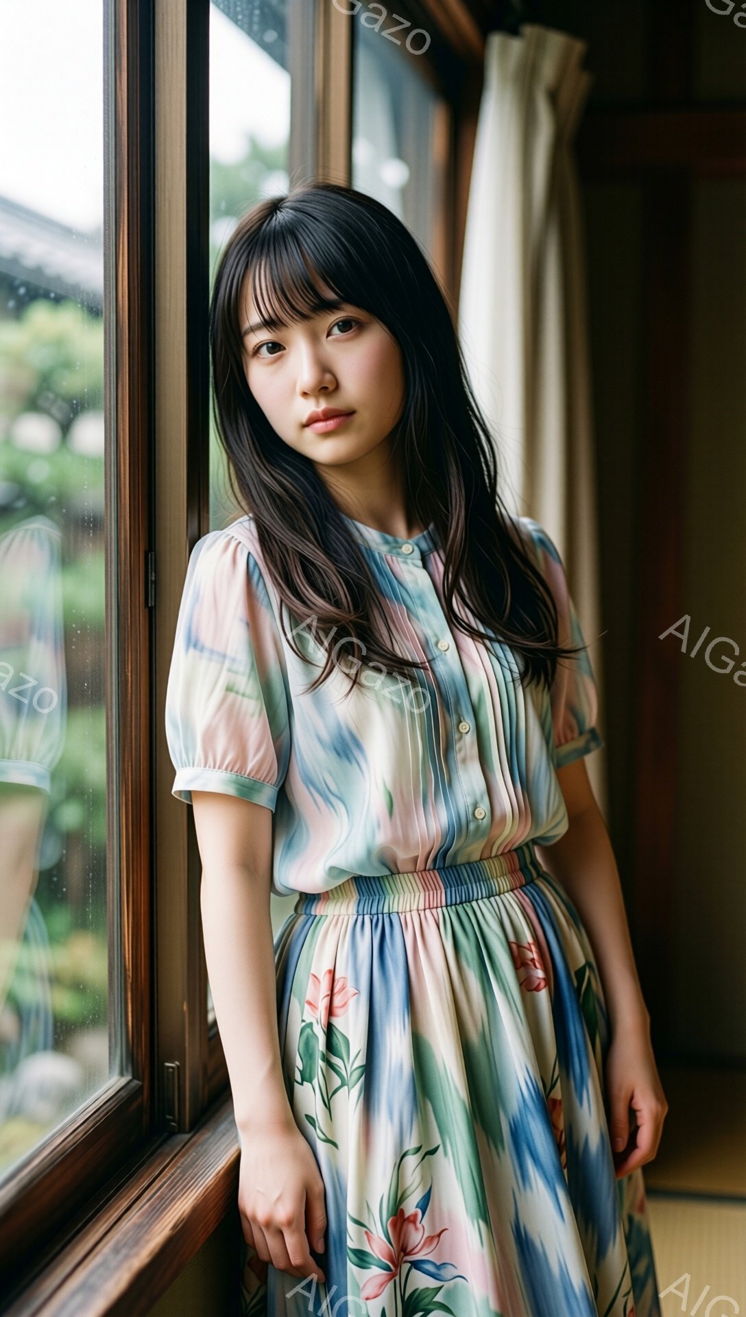 長い黒髪の女性が窓辺に立っている。彼女はペールピンクと水色の水彩のような模様のブラウスと、花柄のロングスカートを着用しており、少し物憂げな表情をしている。背景には緑豊かな庭と伝統的な木造建築が見え、穏やかでノスタルジックな雰囲気を醸し出している。