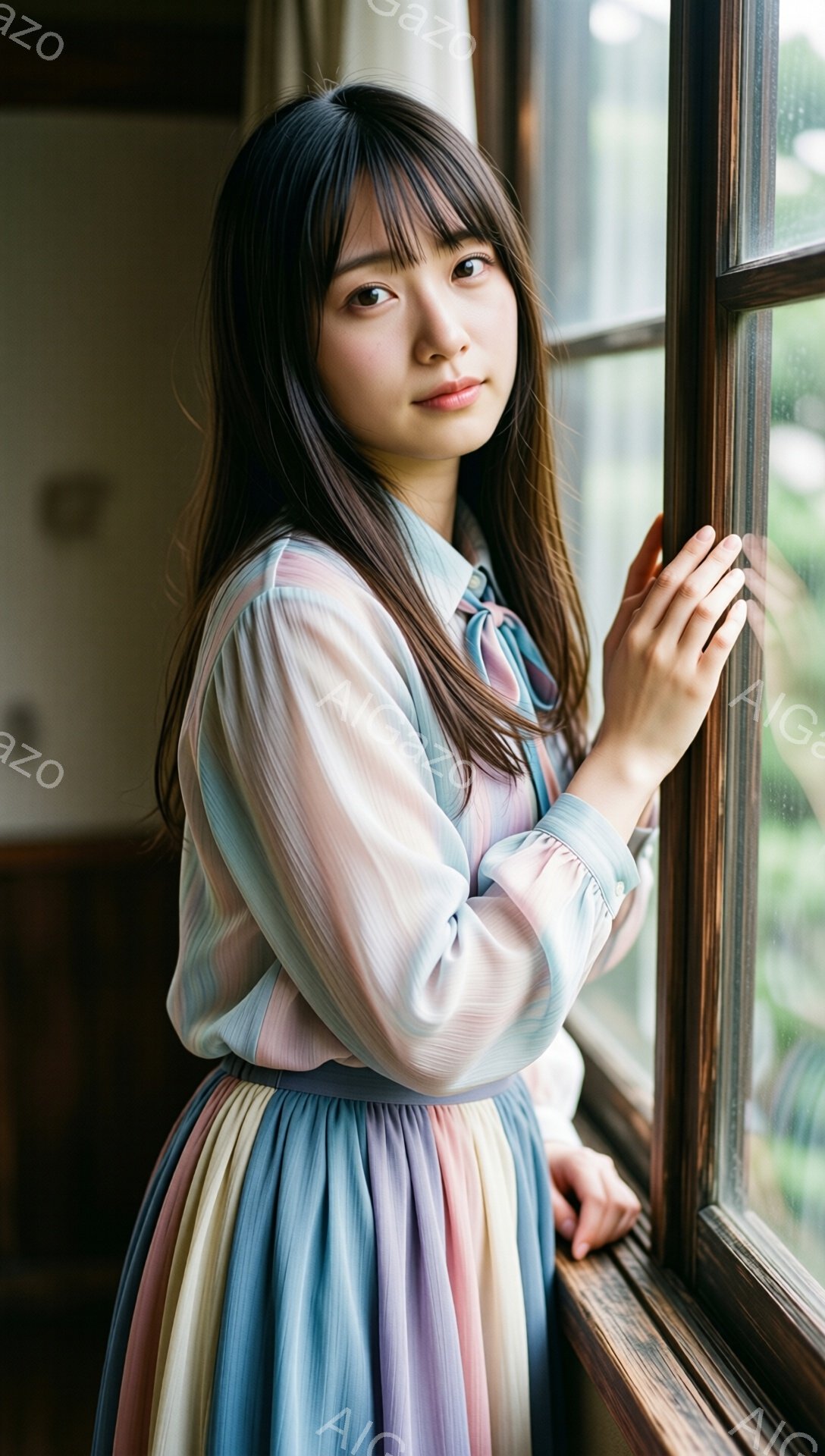 長い黒髪で、前髪は眉毛にかかるようにカットされた若い女性が描かれています。彼女はパステルカラーのストライプのブラウスと、カラフルなプリーツスカートを着ており、窓枠に寄りかかり、優雅なポーズをとっています。窓の外には緑豊かな庭が見え、柔らかい光が差し込み、穏やかで夢幻的な雰囲気を醸し出しています。