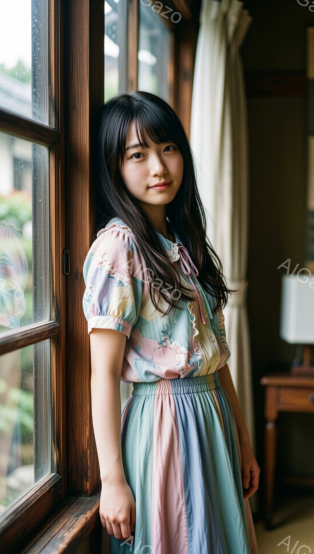 若い女性が窓際に立っており、パステルカラーのブロック柄のワンピースを着ています。彼女は長い黒髪で、少し微笑んでおり、穏やかな表情をしています。背景には緑豊かな木々が見え、室内は落ち着いた雰囲気で、木製 - AI生成フリー素材