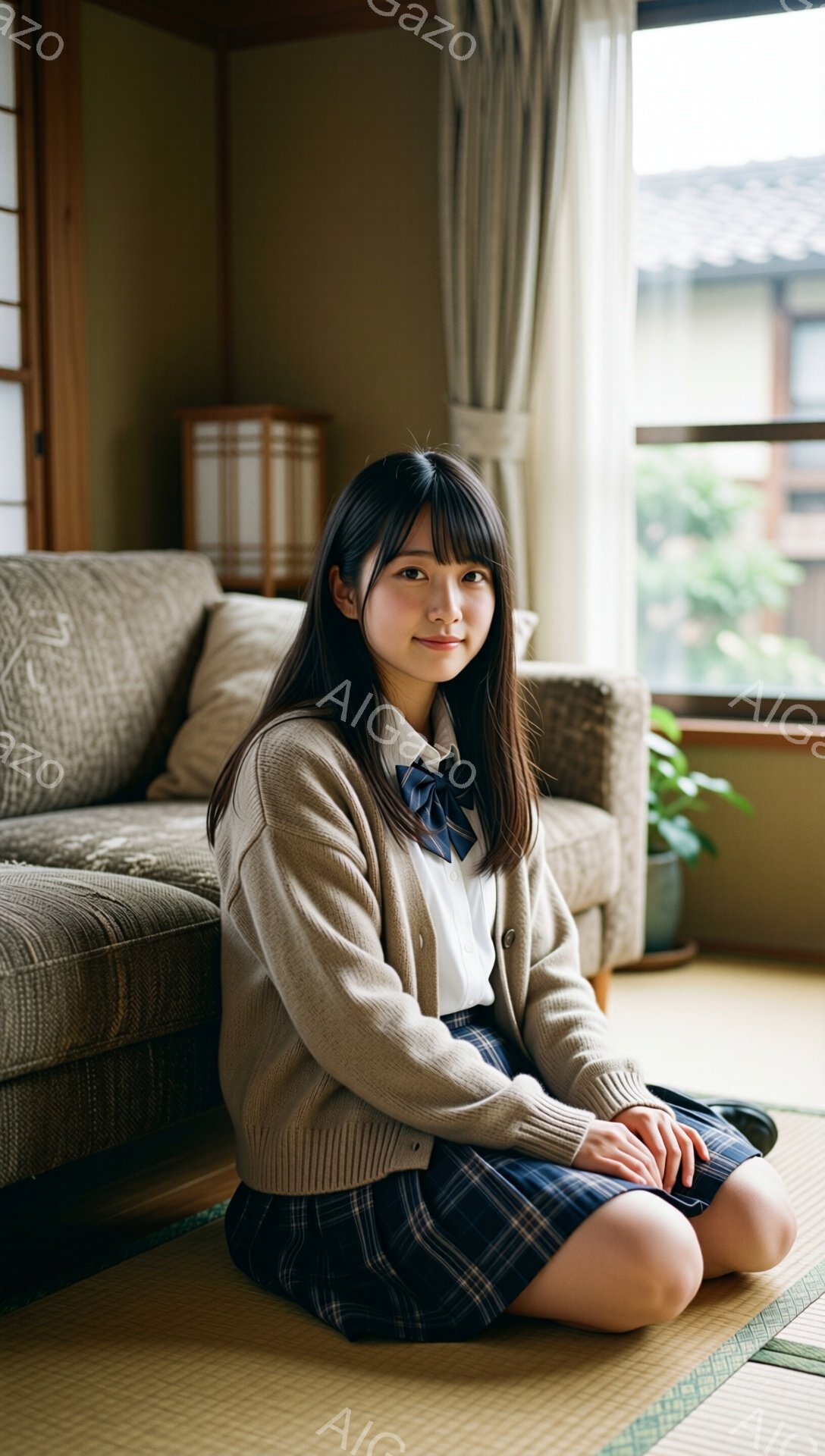 茶髪の少女が、ベージュ色のカーディガン、白いシャツ、チェック柄のスカートという制服を着て、畳の上に座っています。彼女は微笑んでおり、落ち着いた表情をしています。背景にはソファ、窓、そして緑豊かな風景が見え、室内は温かく穏やかな雰囲気です。