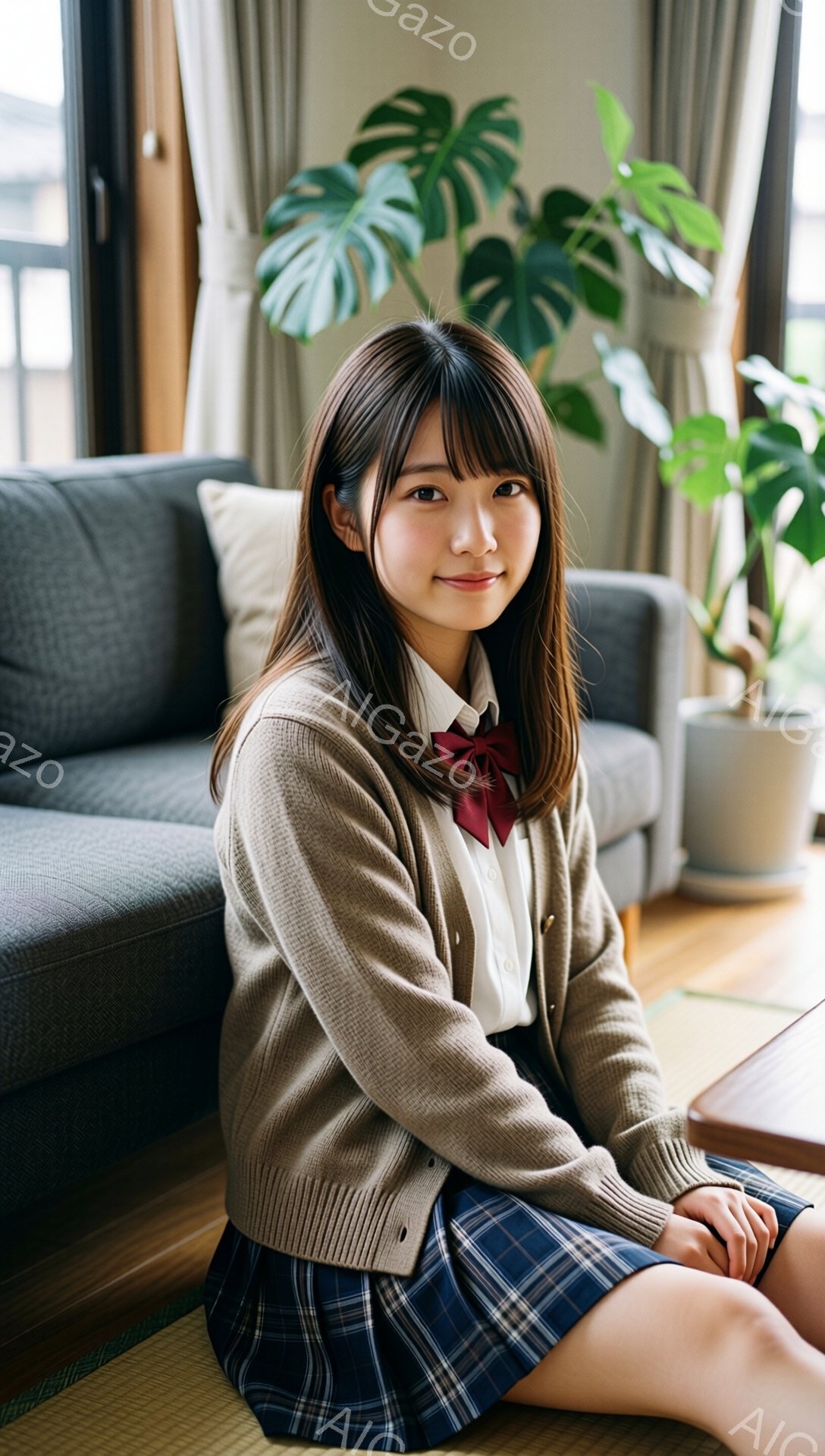 茶髪の少女が、ベージュ色のカーディガン、白いシャツ、ネイビーとグリーンのチェック柄のスカートを身につけ、畳の上に座っています。彼女は微笑んでおり、前髪が少し流れた、肩までの長さの髪型です。背景にはグレーのソファと大きな葉っぱの植物があり、リビングルームのような落ち着いた雰囲気です。