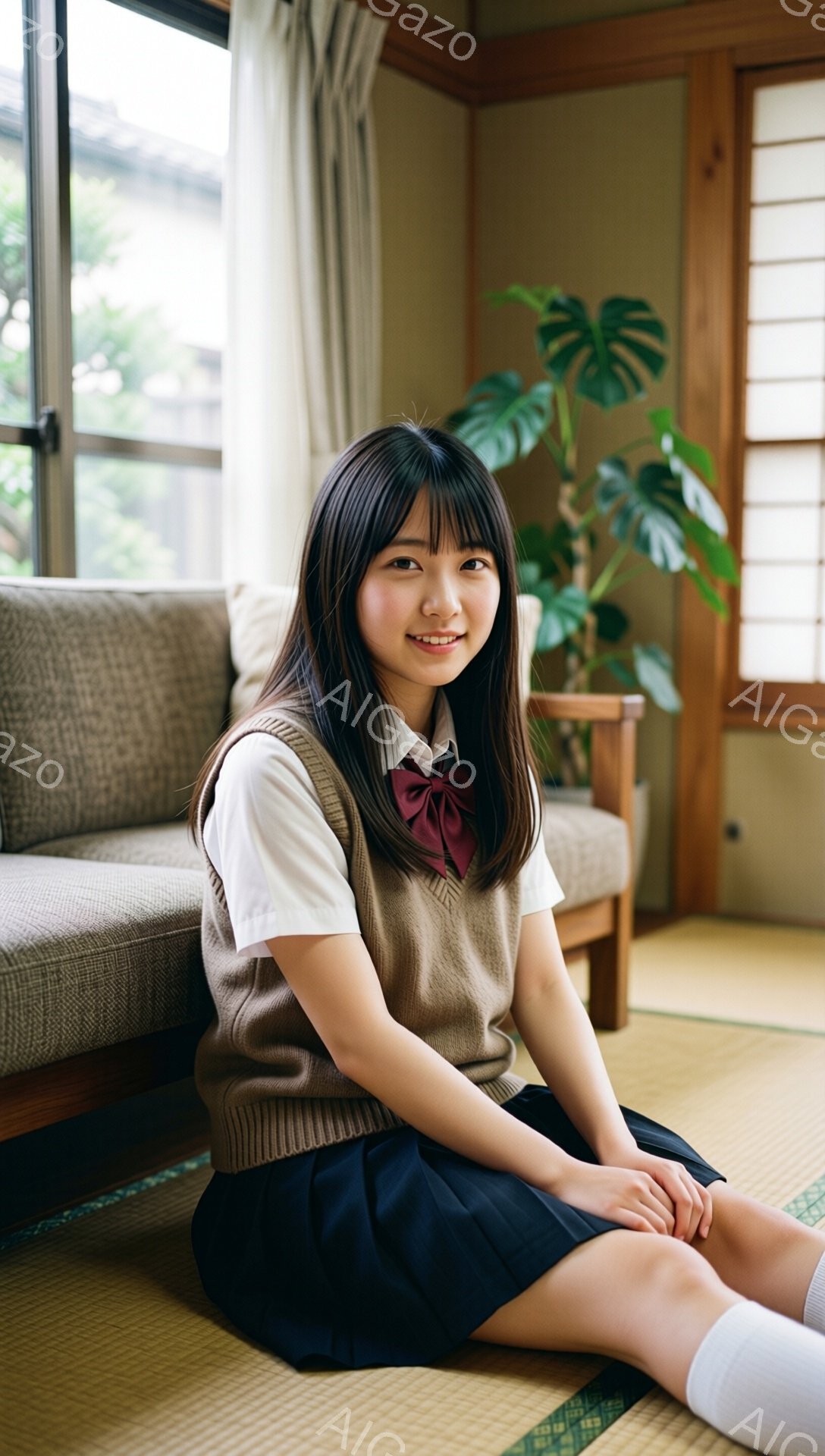 画像は、茶色のセーターベスト、白いシャツ、赤いリボン、そして紺色のプリーツスカートを着た若い女性が座っている様子を捉えています。彼女は微笑んでおり、長い黒髪は肩にかかっています。背景には畳の床、ソファ、植物が見え、部屋は明るく穏やかな雰囲気です。